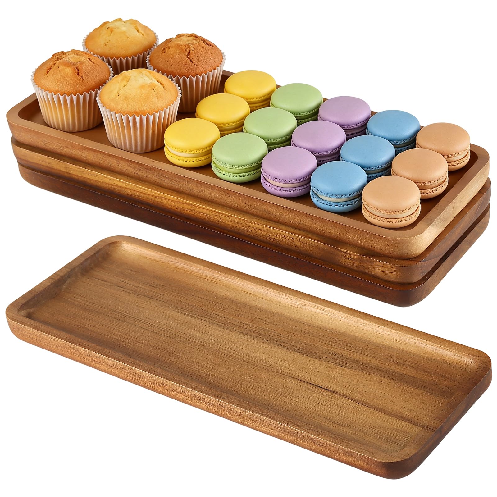 Cheungr Wood 4 Pcs Acacia En Serving Tray, 29 X 10.5 X 1.5Cm En Platters Rectangle Serving Platter Trays With Raised Edge For Display Snacks, Fruit, Appetizer, Candle, Decor
