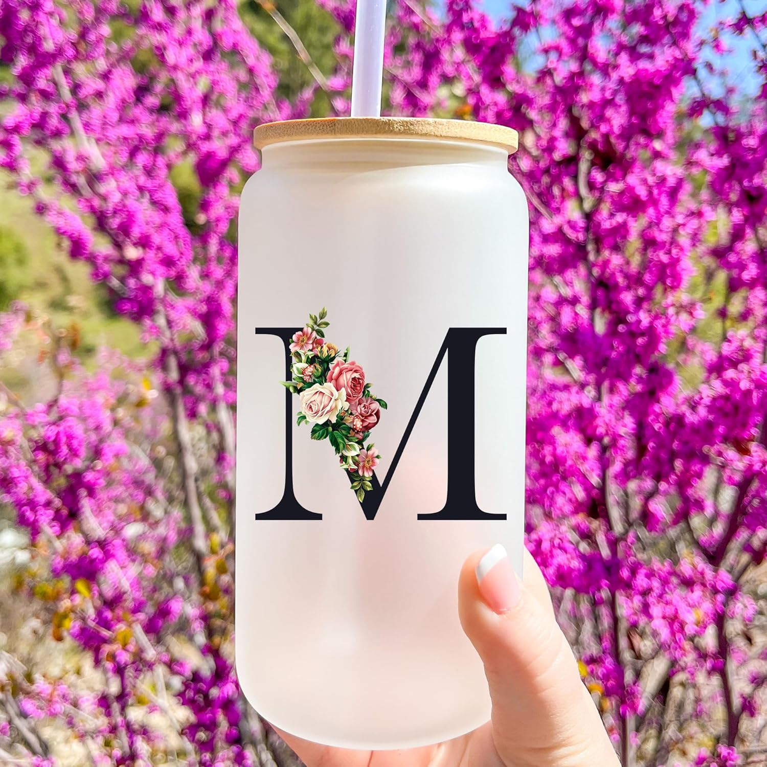 Personalized Glass Cups with Lids and Straws, Monogrammed Gifts for Women, Custom Tumbler, Cute Customized Mug, Aesthetic Stuff, Initial Iced Coffee Cup, Birthday Bridesmaid Gifts, M - Image 4