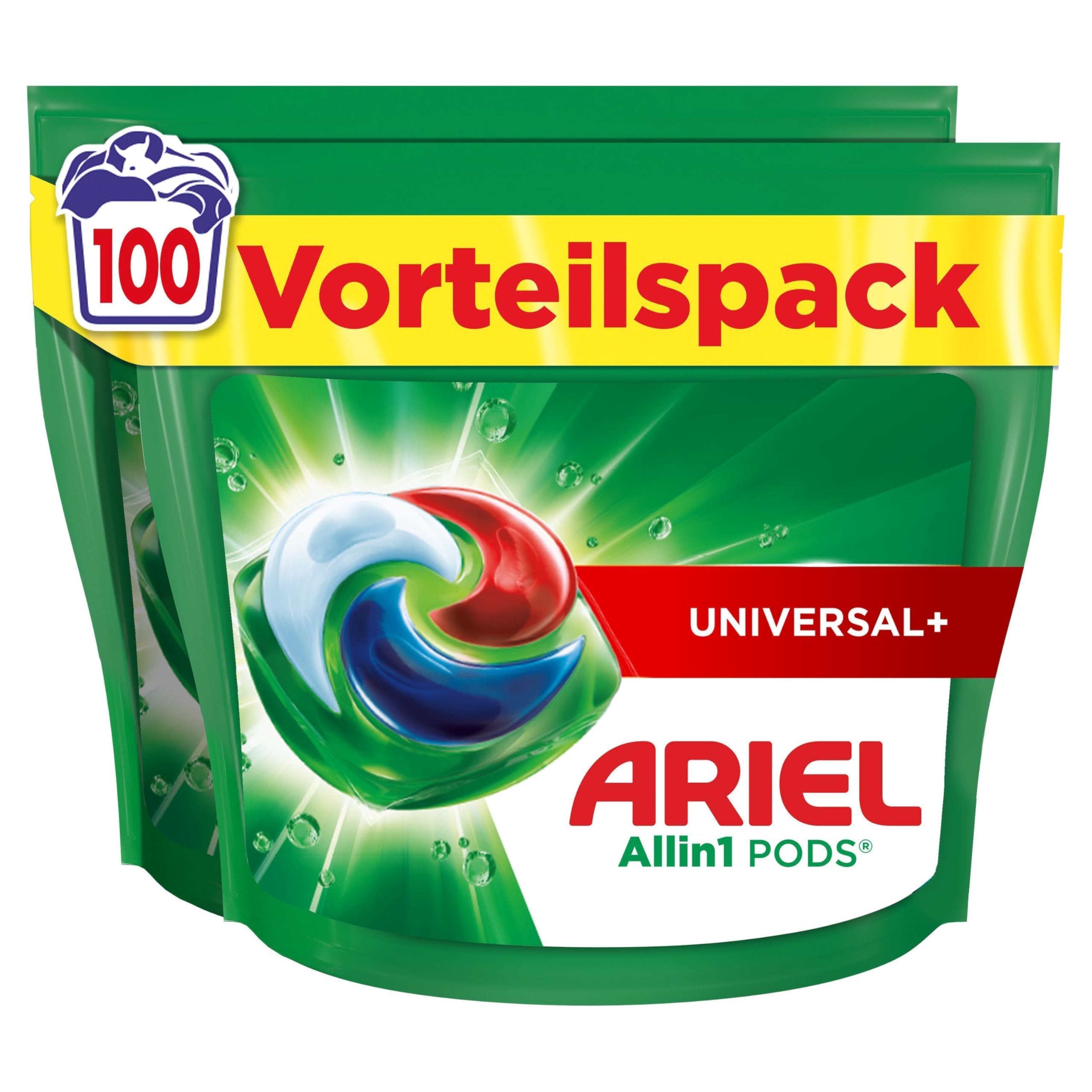 Ariel Waschmittel Pods All-in-1, Flüssigwaschmittel Kapseln 100 Waschladungen, Universal+, Kraftvolle Fleckentfernung ab der 1. Wäsche