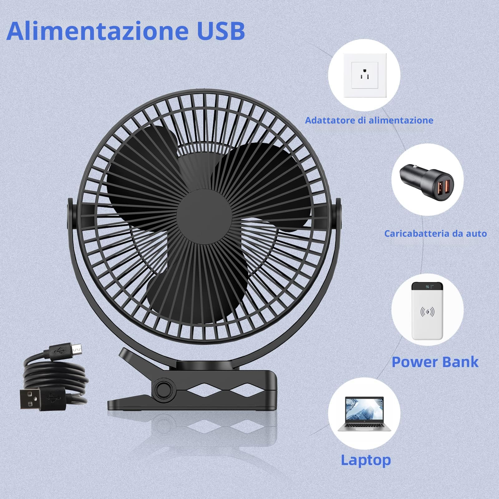 ATEngeus Mini ventilatore USB 8 pollici con batteria 10000 mAh, portatile piccolo ventilatore da ufficio, 4 velocità, doppia rotazione a 360°, con cavo USB, adatto per famiglie, uffici