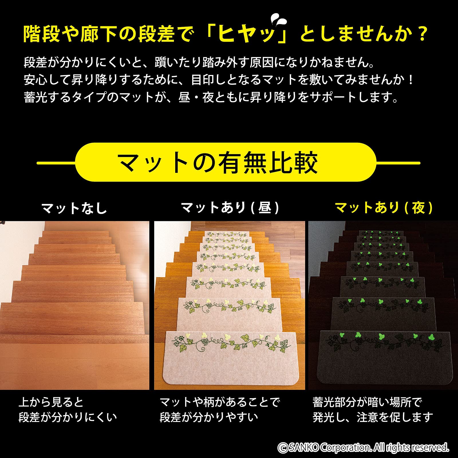 Amazon｜Sankoサンコー 階段マット ずれない 洗える 蓄光 折り曲げ付