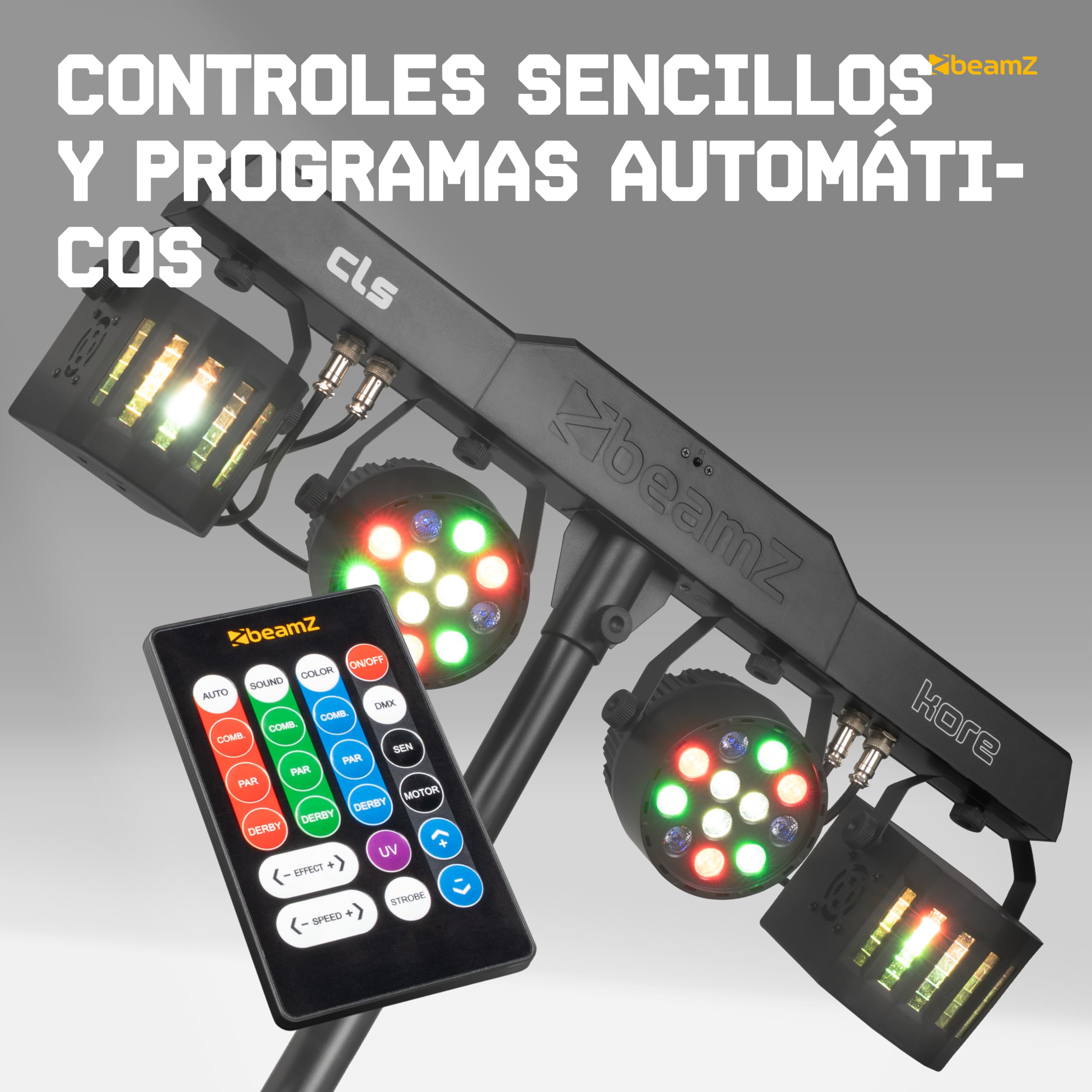 BeamZ CLS Kore Party Bar con 2 par led rgbw y 2 derby, barra led dj con tripode regulable, dmx 512, mando a distancia, luces discoteca para casa, luces dj y luces escenario