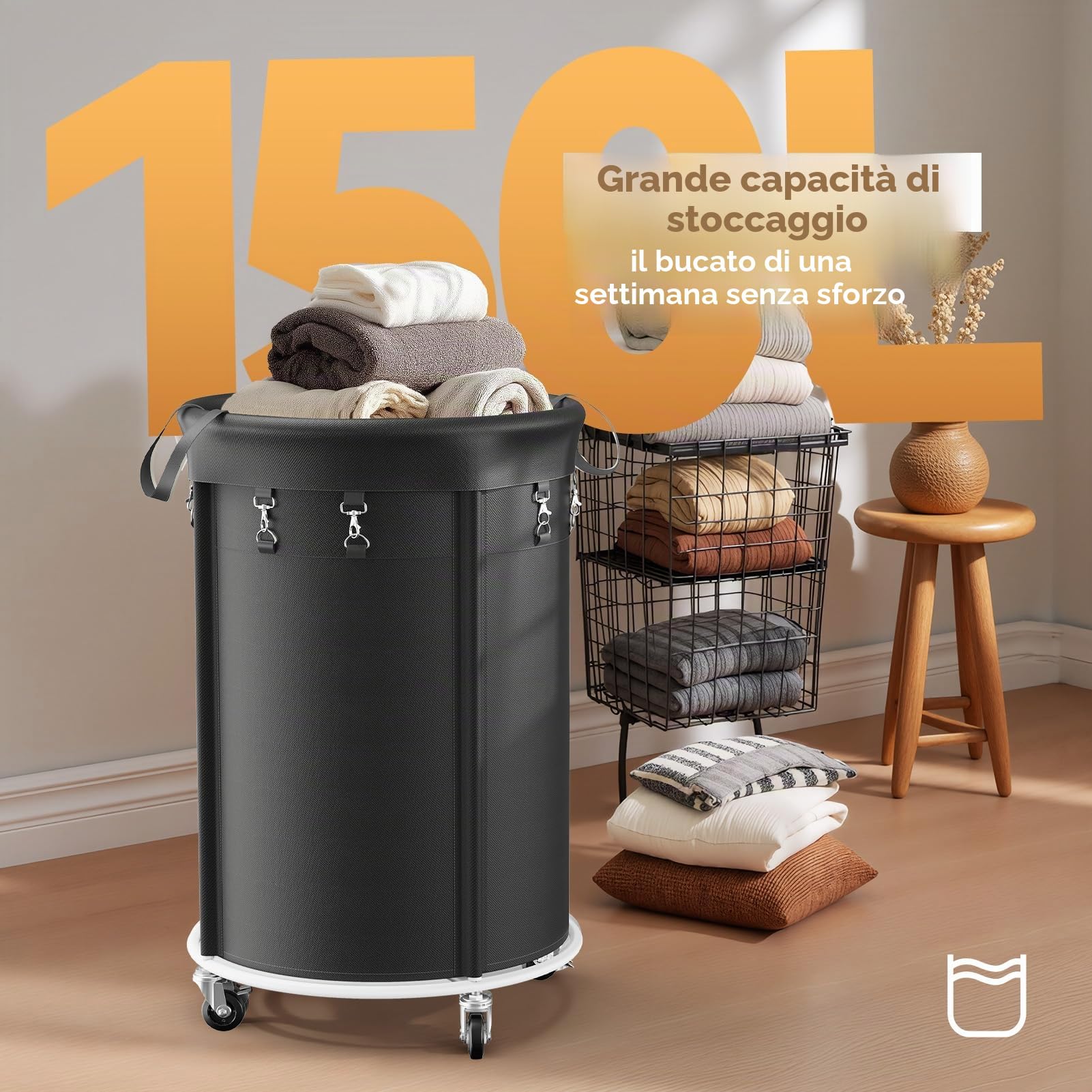150L Grande Cesto Biancheria Sporca con Ruote, Cesto Portabiancheria per Telaio Metallico e Borsa Oxford Impermeabile Cesta Panni Sporchi per Camera da Letto, Bagno, Lavanderia, Nero