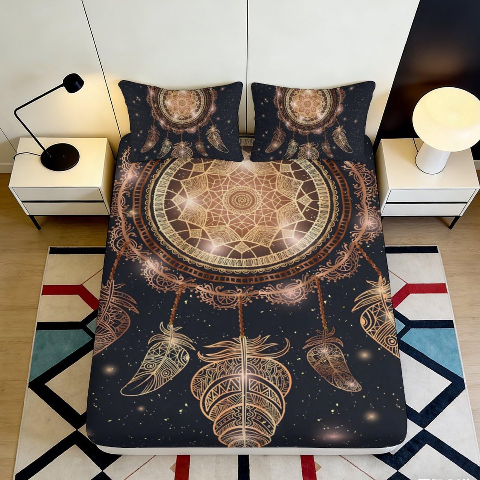 3D Printed Dreamcatcher Pattern Fitted Sheet Microfiber Soft Durable Bed Cover for Bedroom Dormitory Guest Room Mattress Protection and Decor 120x200x25cm