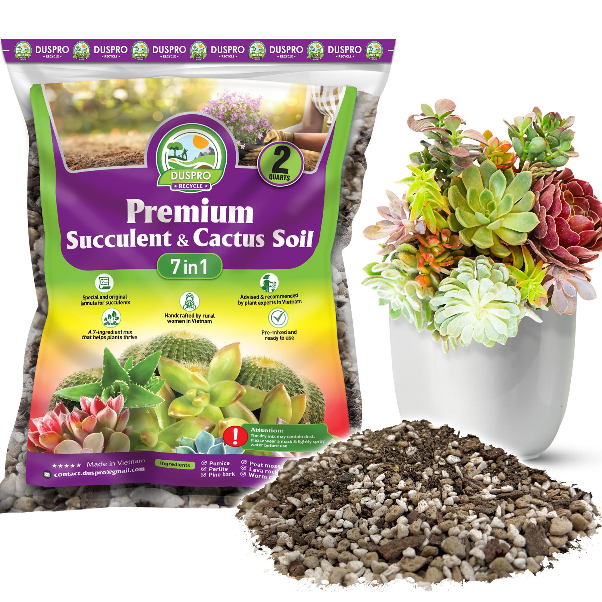 DUSPRO Succulents Soil Potting Mix – 7 in 1 Ingredients Well-Draining, Nutrient-Rich Cactus Potting Soil for Succulents and Cacti, Indoor & Outdoor Use, Ready to Use, Supports Healthy Root Growth, 2QT
