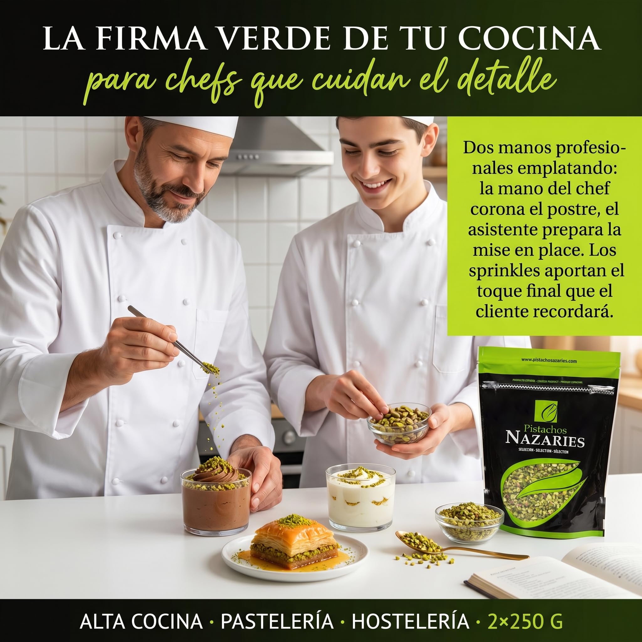 Nazaries Granillo de Pistacho al Natural Sin Sal pack 2x250 g Bolsa Hermetica Sin Gluten Andalucia Troceado Reposteria Helados Tarta Yogur Baklava Decoracion Postres Frutos Secos Picado Crudo Pelado