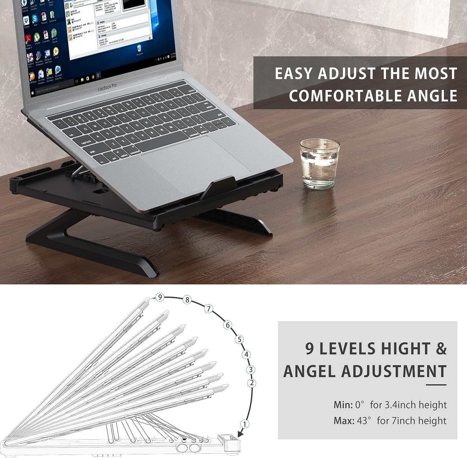 Supporto per computer portatile, 8 angolari regolabili in altezza, con gambe pieghevoli e supporto per telefono, portatile e ventilazione, supporto ergonomico per notebook e tablet, colore: nero