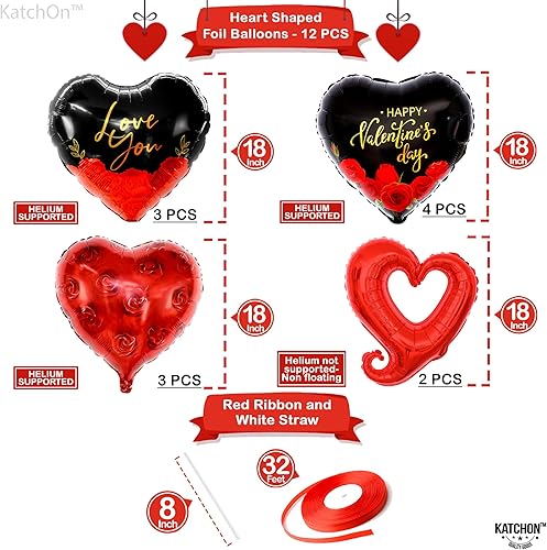 Miniatura 4 de KatchOn, Globos en forma de corazón negro y rojo  XL, paquete de 1012  Pétalos de rosa roja para noches románticas, decoraciones románticas para
