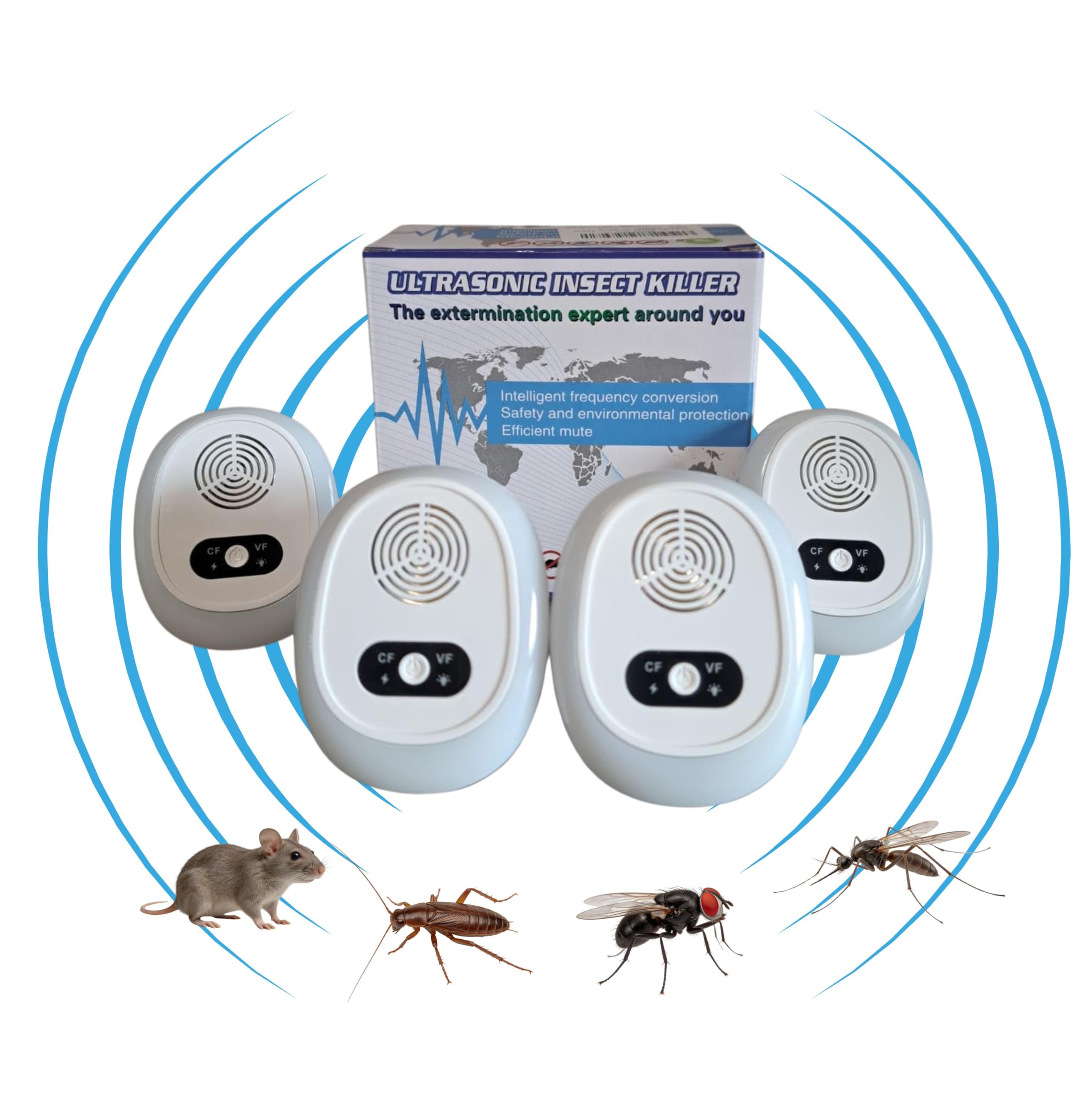 Repelente Ultrasónico de Plagas, 4-Pack, Plug & Play, Silencioso, Ahuyentador Eléctrico para Ratas, Cucarachas, Mosquitos, Alternativa Ecológica, Enchufe Tipo C CEE 7/16 EU