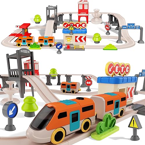 Juego de tren urbano para niños, 55 piezas de tren eléctrico simulado sistema de transporte urbano, juguetes educativos para niños pequeños, regalos