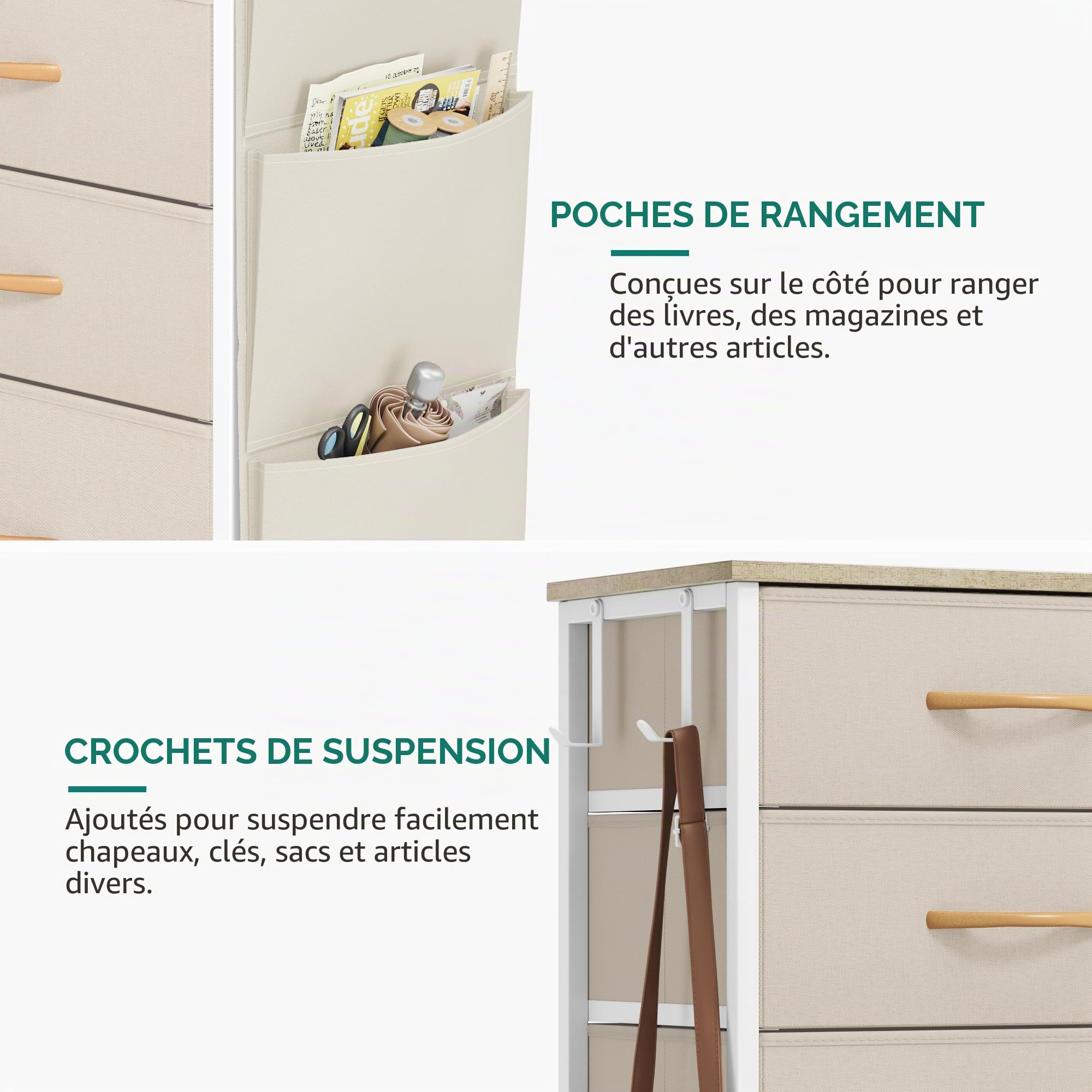 YITAHOME Commode avec Poches latérales et Crochets, Commode à 8 Tiroirs en Tissu Meuble de Rangement avec Dessus en Bois pour Chambre à Coucher, Salon, Chambre d'enfant,Beige