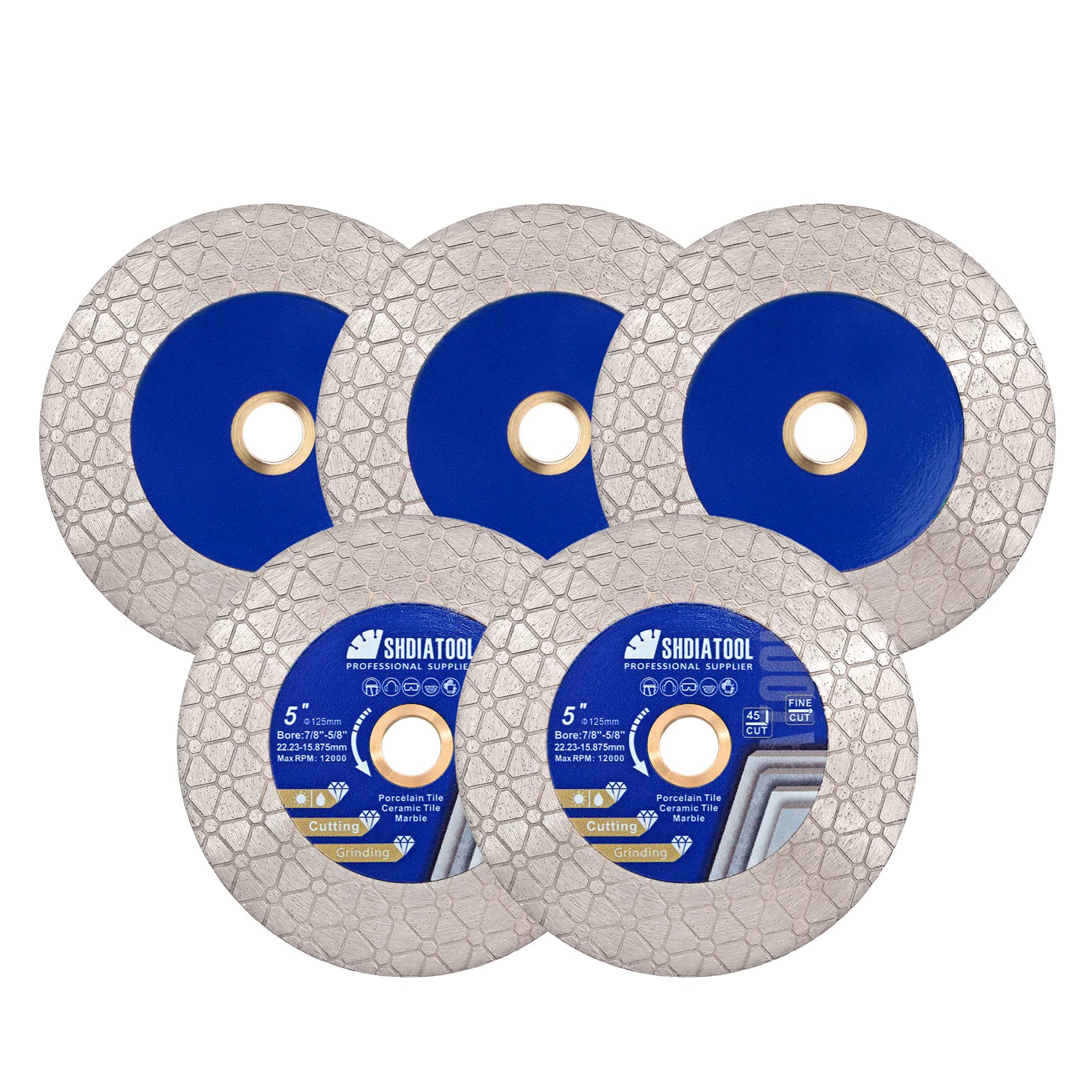 SHDIATOOL Diamond Saw Blade 5 inch, Tile Cutting Grinding Disc Wheel 125mm for Porcelain Ceramic Tile Granite Marble Artificial Stone,5pcs
