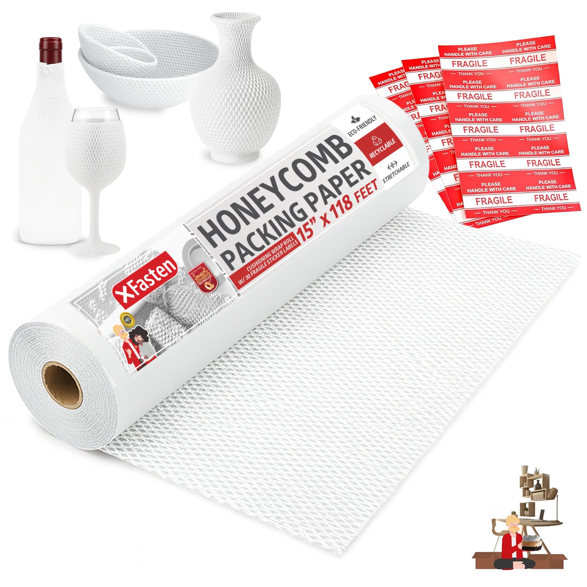 XFasten White Honeycomb Packing Paper for Moving 15-Inch x 118-Feet Bubble Honeycomb Wrap, Honeycomb Wrapping Paper for Packing Cushion with 30