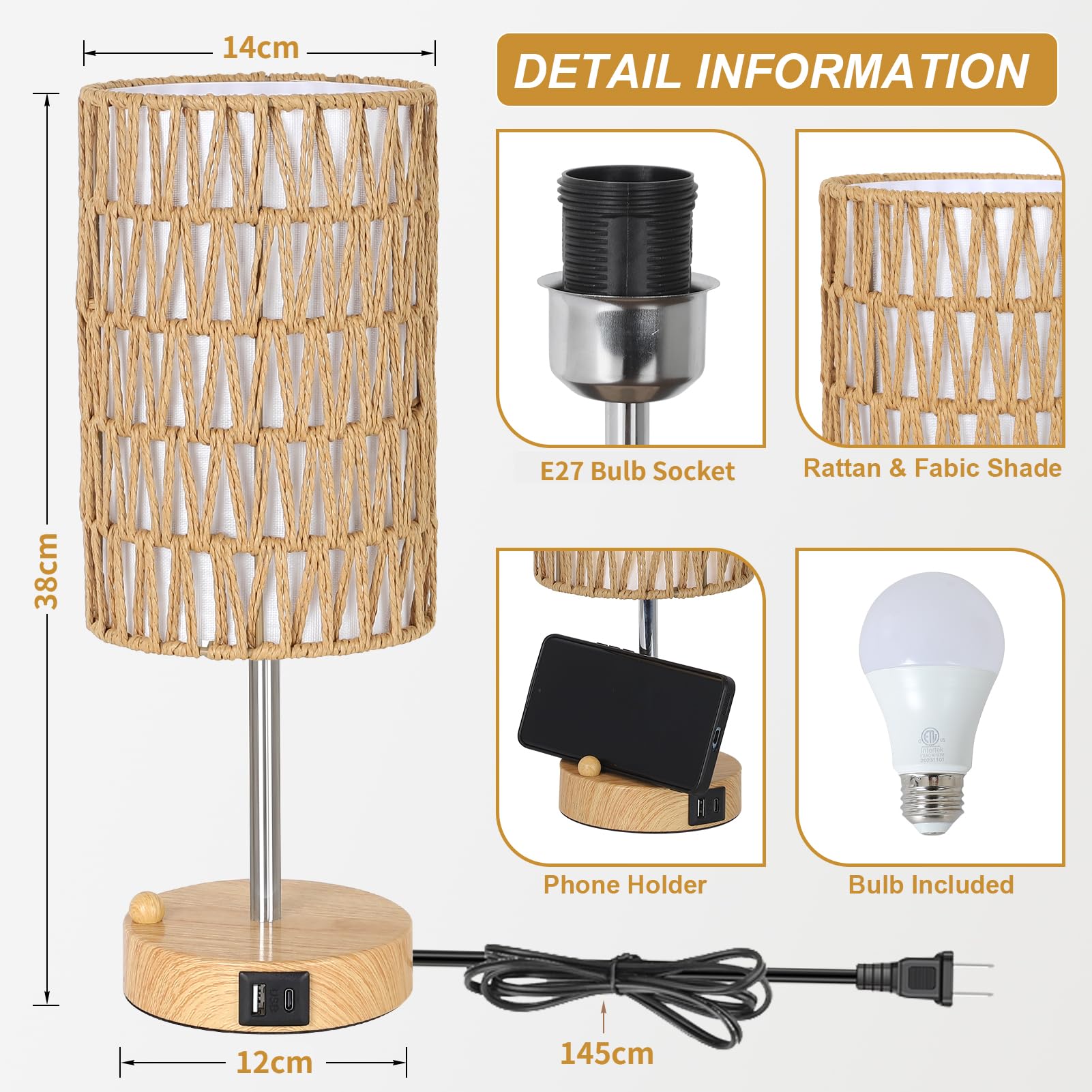 Rayofly Nachttischlampe 2er Set, Touch Dimmbar Nachttischlampe mit Ladefunktion USB A+C-Anschlüssen, Vintage Tischlampe mit Rattan Schirm & LED Glühbirne, Boho Touch Lamp für Schlafzimmer, Wohnzimmer