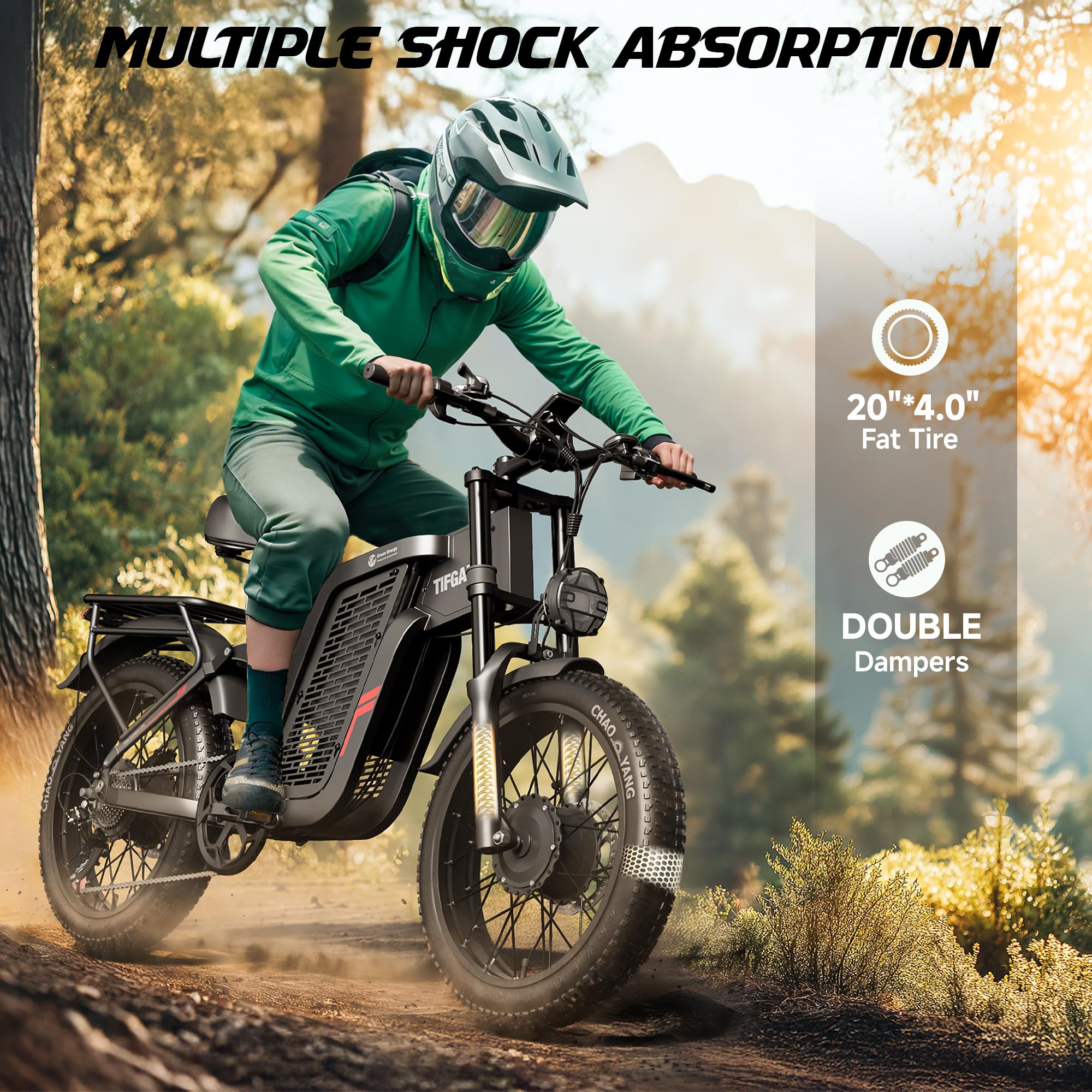 Vélo électrique pour adulte, double moteur, batterie lithium-ion 52V 24Ah, autonomie maximale de 45 à 90 kilomètres, pneus de 20 pouces de large, suspension intégrale, vélo électrique à 7 vitesses.
