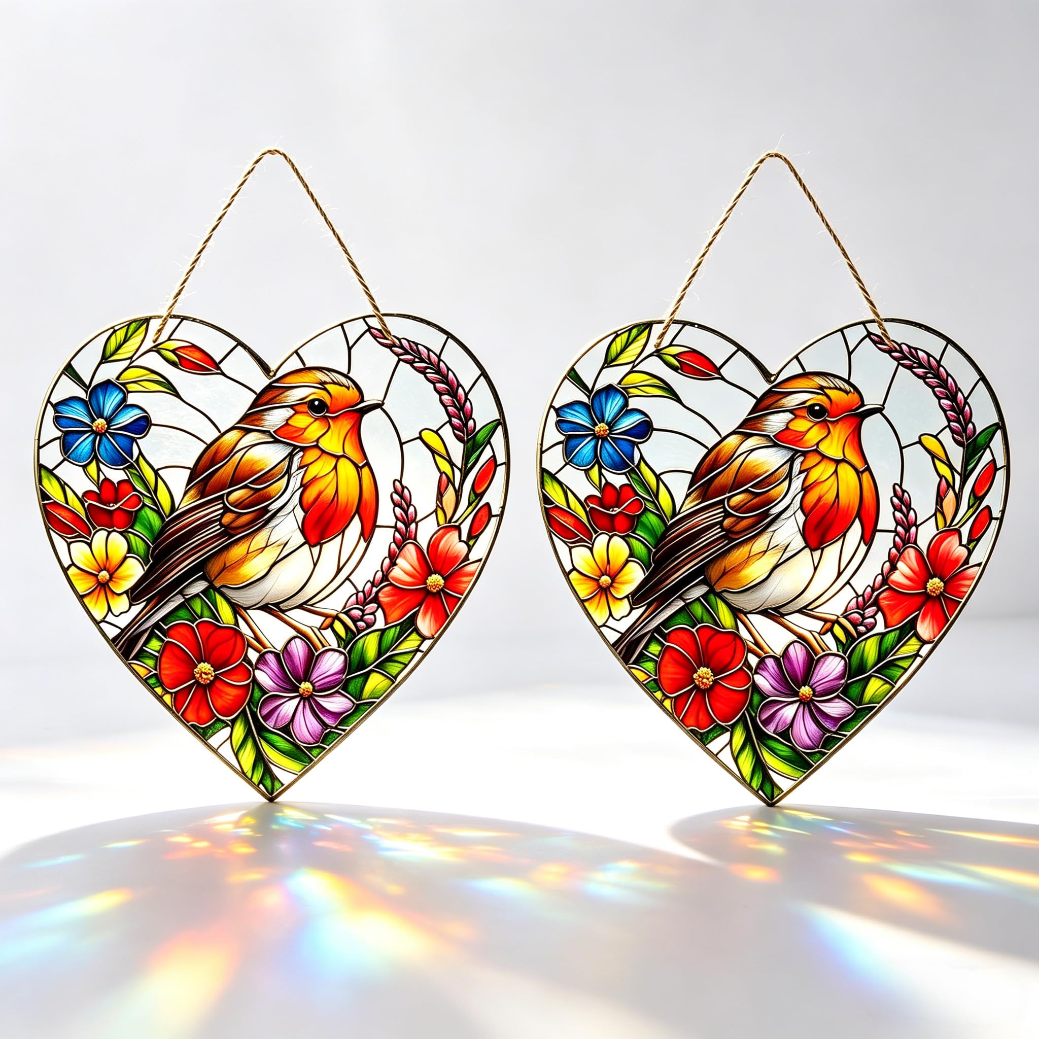 FeiatPogra 2PCS Robin Sun Catchers for Windows, 20x20cm Large Heart-Shaped Stained Glass Suncatcher, Garden Hanging Ornaments Outdoor, Robin Gifts for Women, Home & Window Decoration