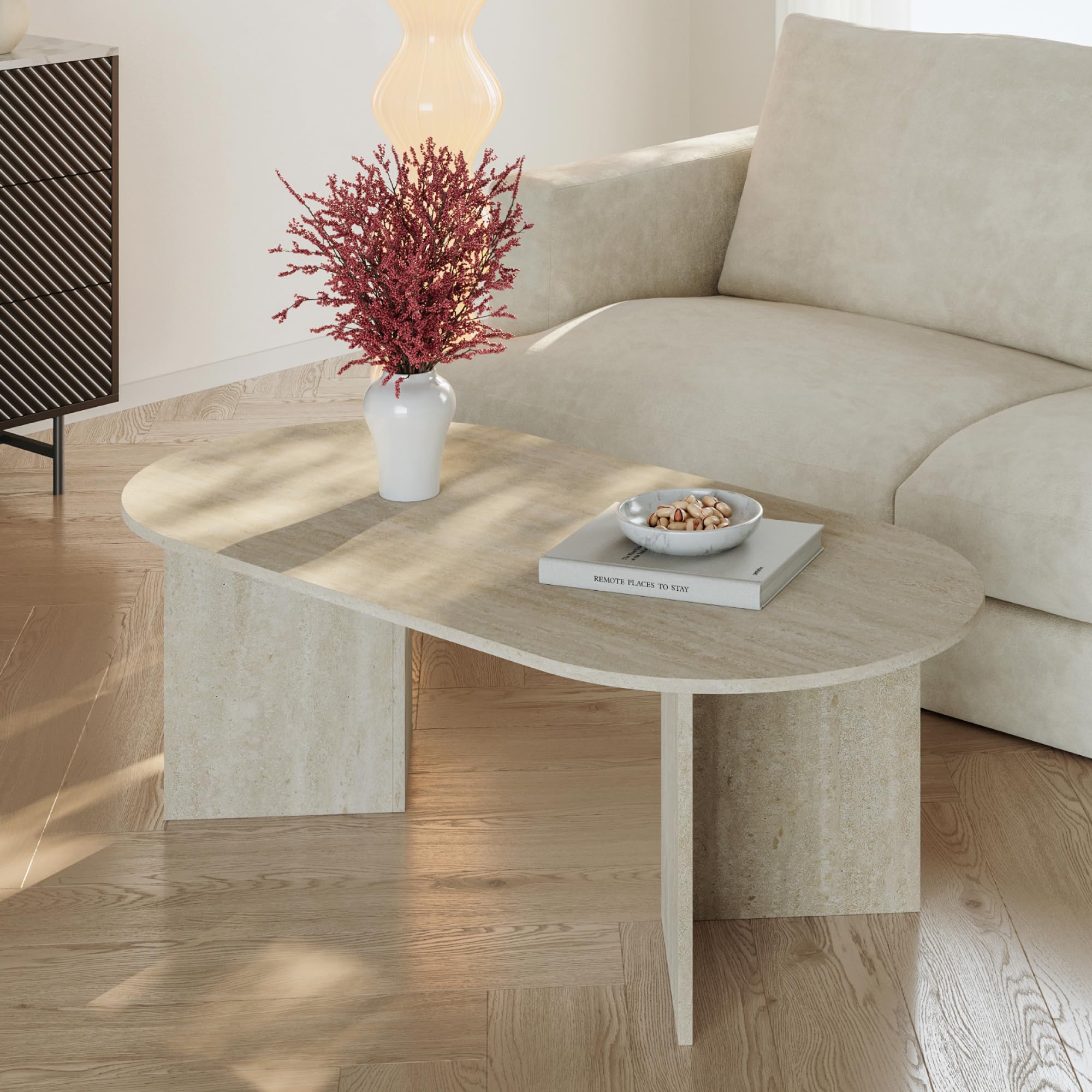 [en.casa] Tavolino da Salotto con Piano Ovale Tavolo Basso Centrale da Caffè per Soggiorno Zona Living Studio Sala d'Attesa 119 x 60 x 40 cm - Color Avorio Travertino