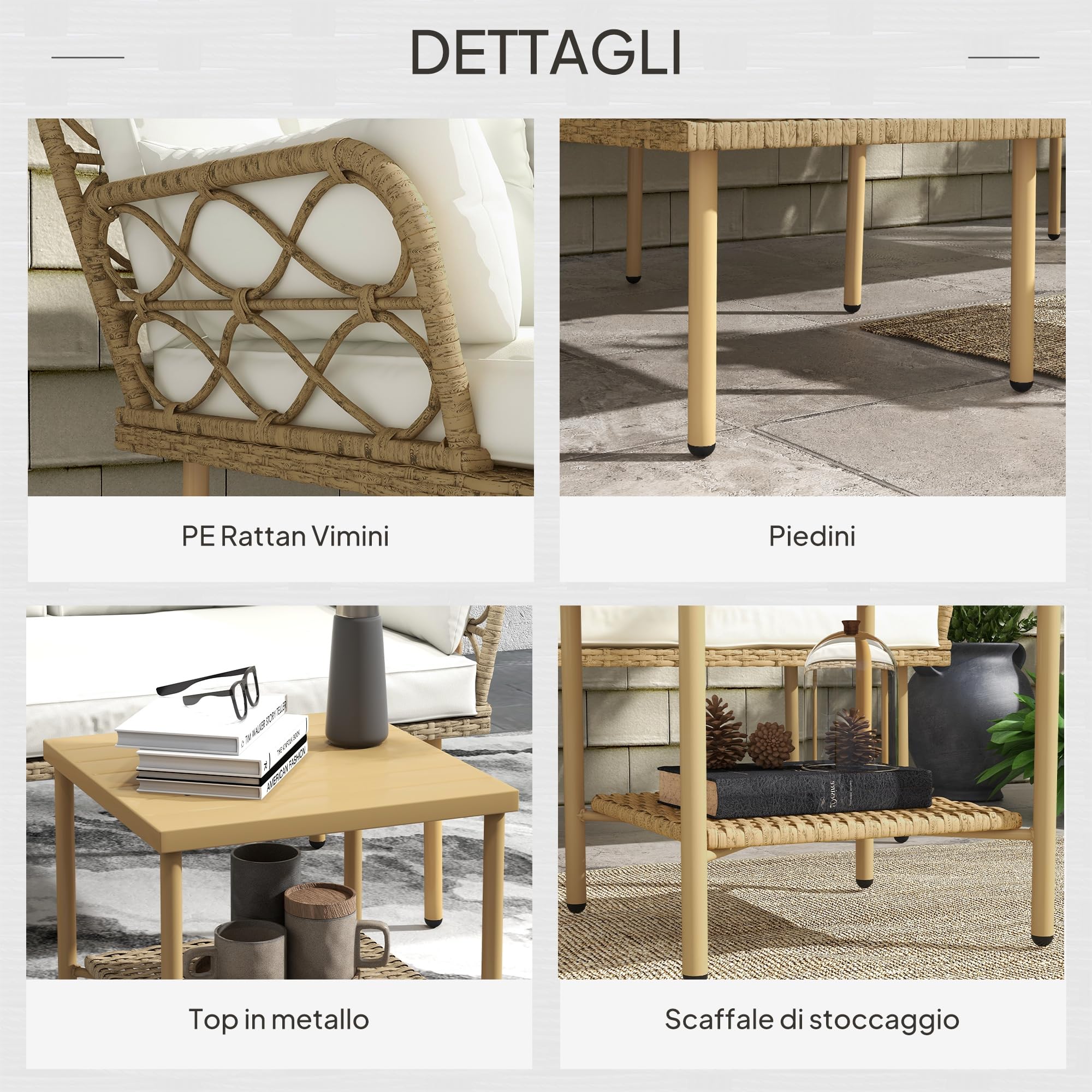 Outsunny Set Giardino Rattan 3 Pezzi Salotto Esterno Divanetto 2 Posti Chaise Longue Cuscini Lavabili Tavolino Caffè Crema