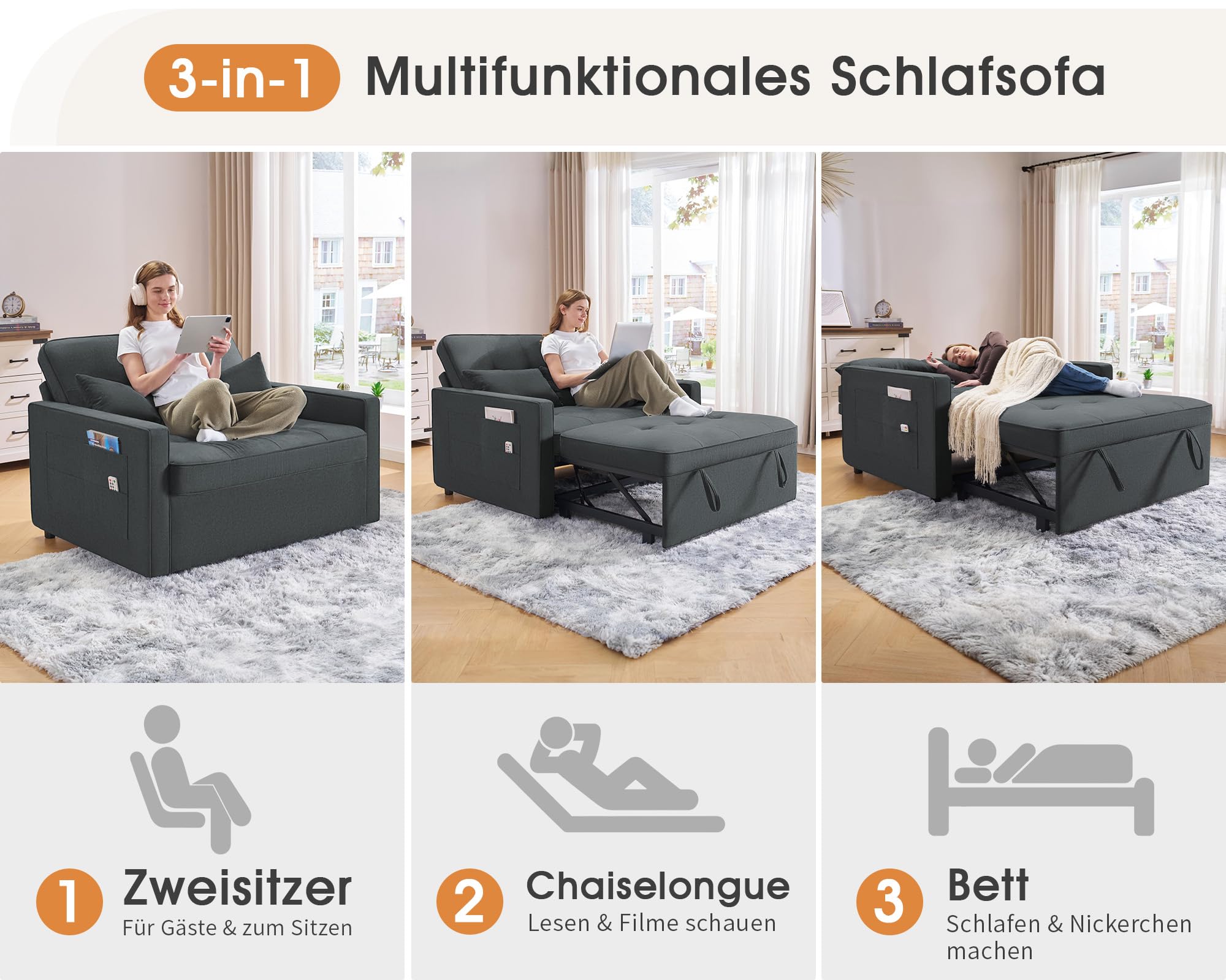 LUXOAK Schlafsofa 186 x 122 cm mit 5-stufig Verstellbarer Rückenlehne, 3-in-1 Schlafcouch mit Kissen und Seitentasche, graues Leinen-Sofa für Gästezimmer & kleine Räume