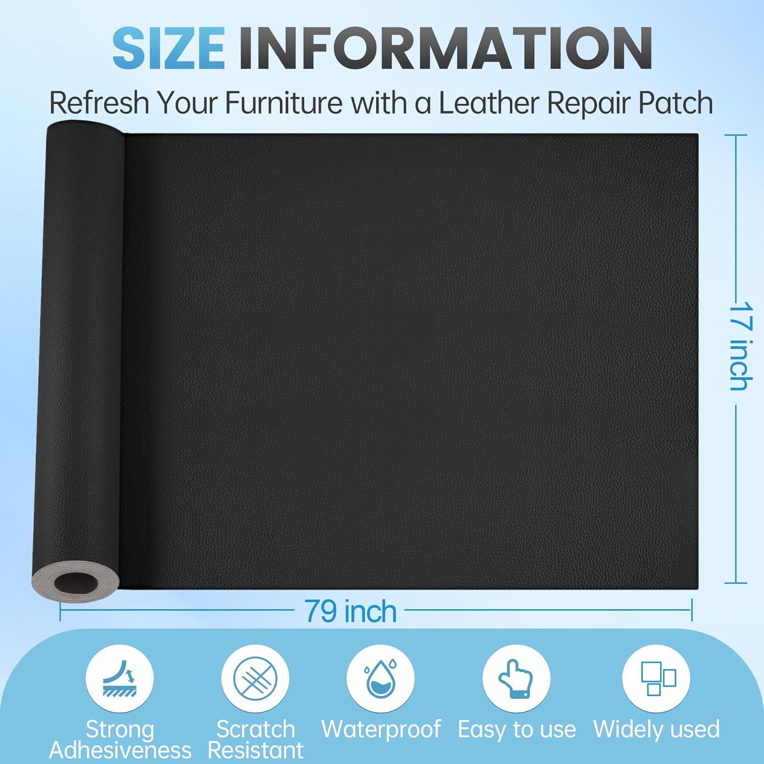 Leather Repair Patch Tape Kit, 17" x 79" Self Adhesive Leather Repair Patch for Furniture, Vinyl Leather Repair Kit for Car Seat, Chairs, Couch, Sofa, Boat Black