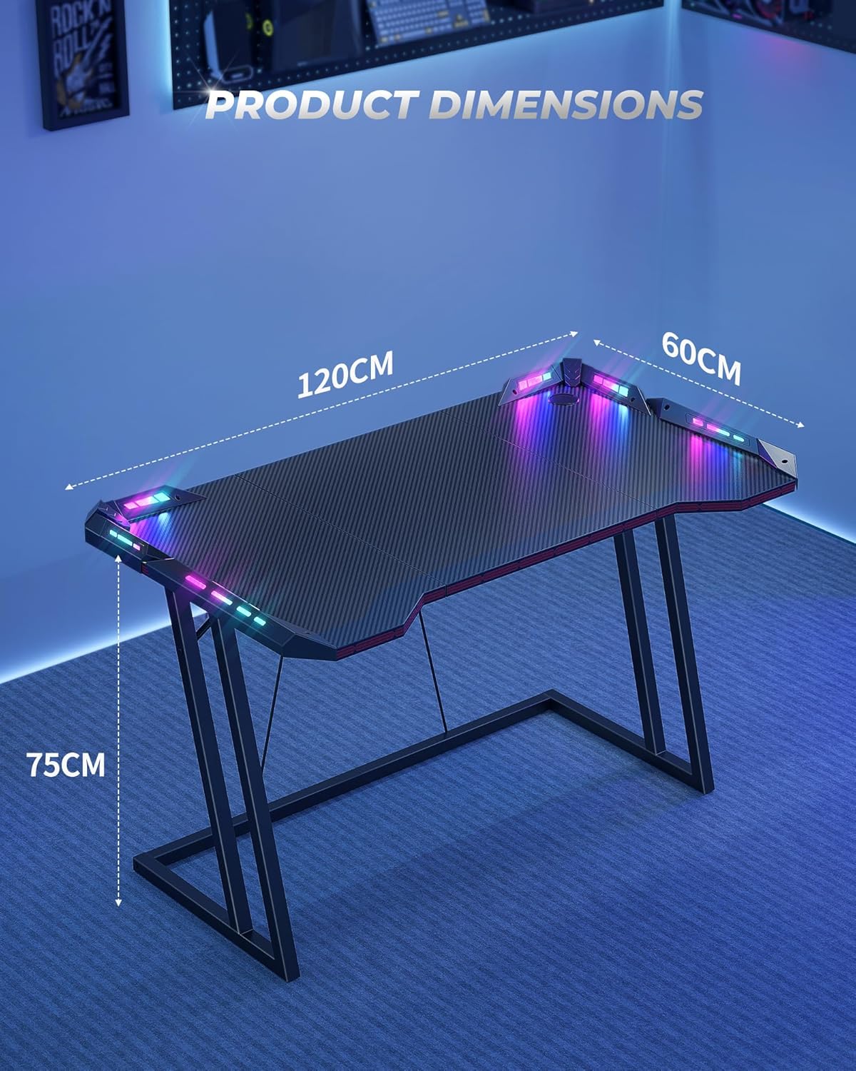 CubiCubi 47 Inch Ergonomic Gaming Desk, Z Shaped Table with LED Light, Carbon Fiber Surface Computer Desk, Black - Image 2