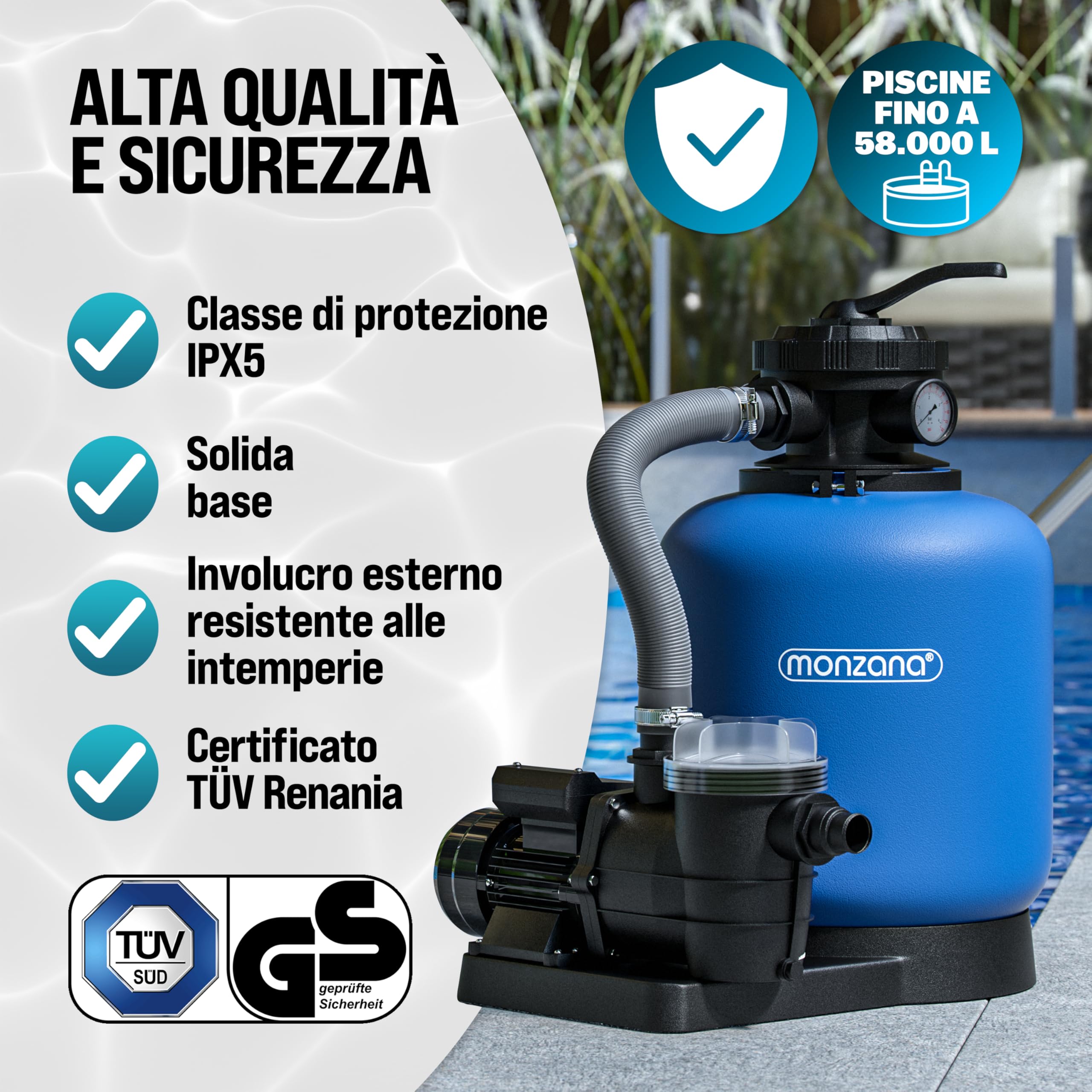 MONZANA® Filtro per Piscina a 7 Vie 11.000 L/h Serbatoio 30L Valvola 7 Vie Sfere Filtranti da 700g
