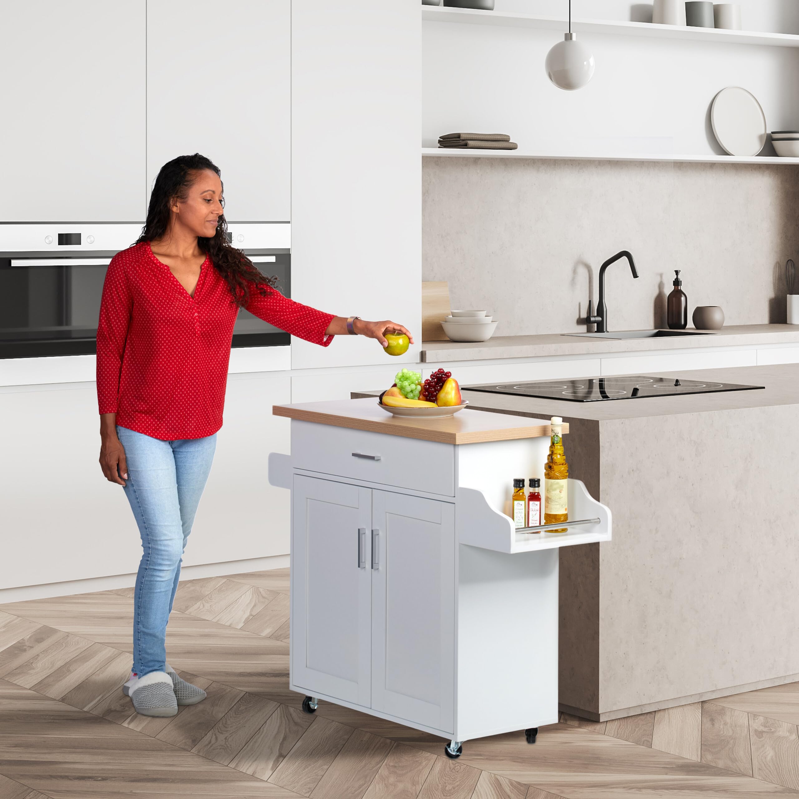Relaxdays Carrito Auxiliar de Cocina, Camarera con Encimera y Cajón, 2 Compartimentos, 90x114,5x39,5 cm, Blanco/Natural, Tablero de Fibras