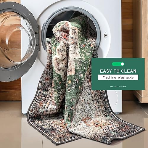 Miniatura 7 de YesRug Alfombra lavable de 2 x 6 pulgadas color verde estilo bohemio para entrada pasillo cocina lavandería baño antideslizante lavable estilo