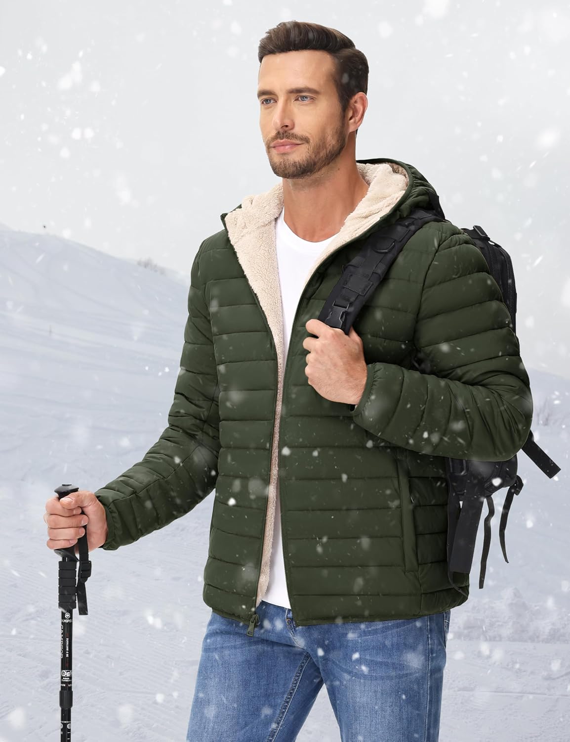 Cotrasen Mens Puffer Jacket Sherpa Lined Water Resistant Hooded Full Zip Mid-Weight Warm Insulated Winter Coat