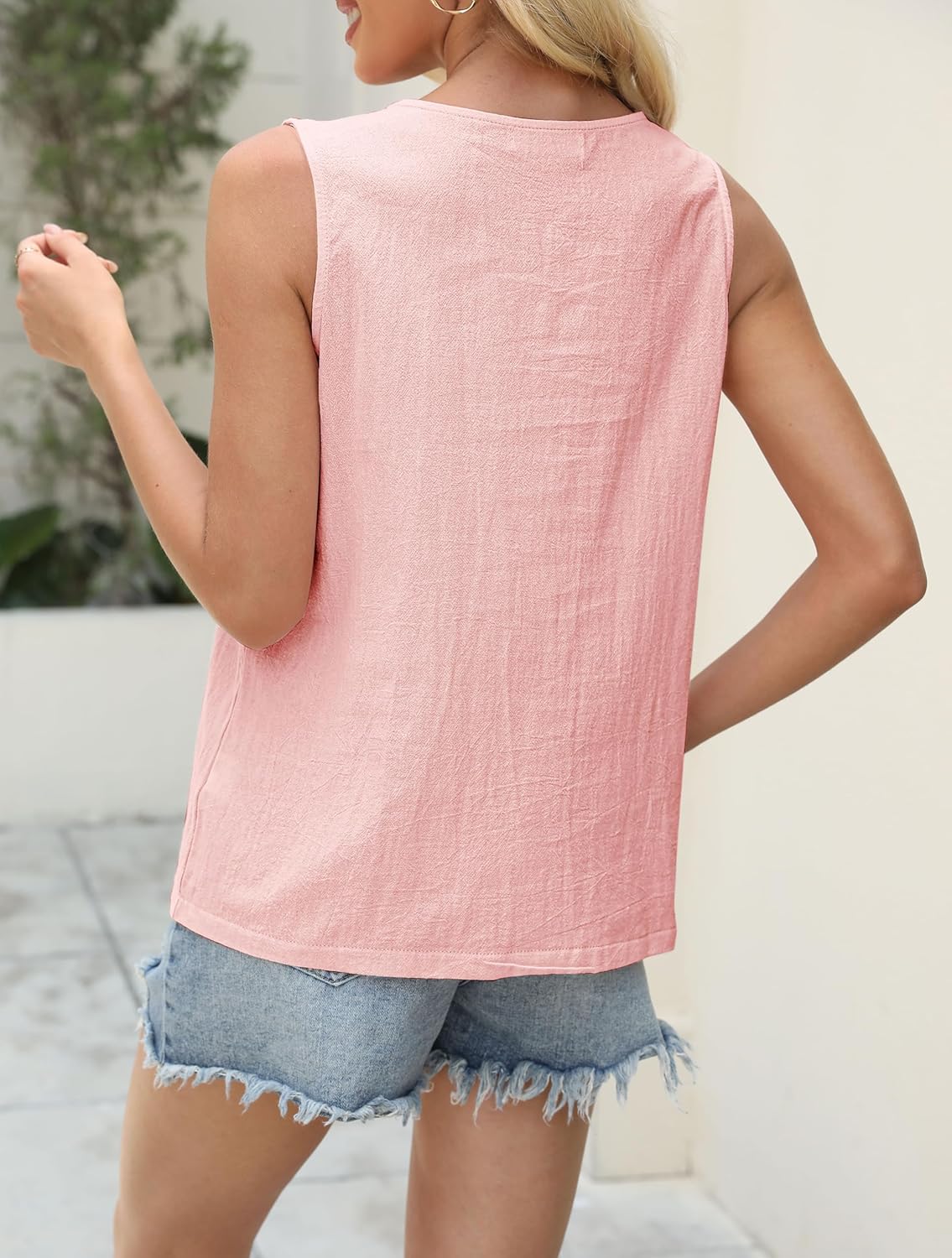 Womens Cotton Linen Tank Tops V Neck Casual Cami Sleeveless Blouses Basic Shirt Summer Clothes Fashion Outfits Pink - Image 5