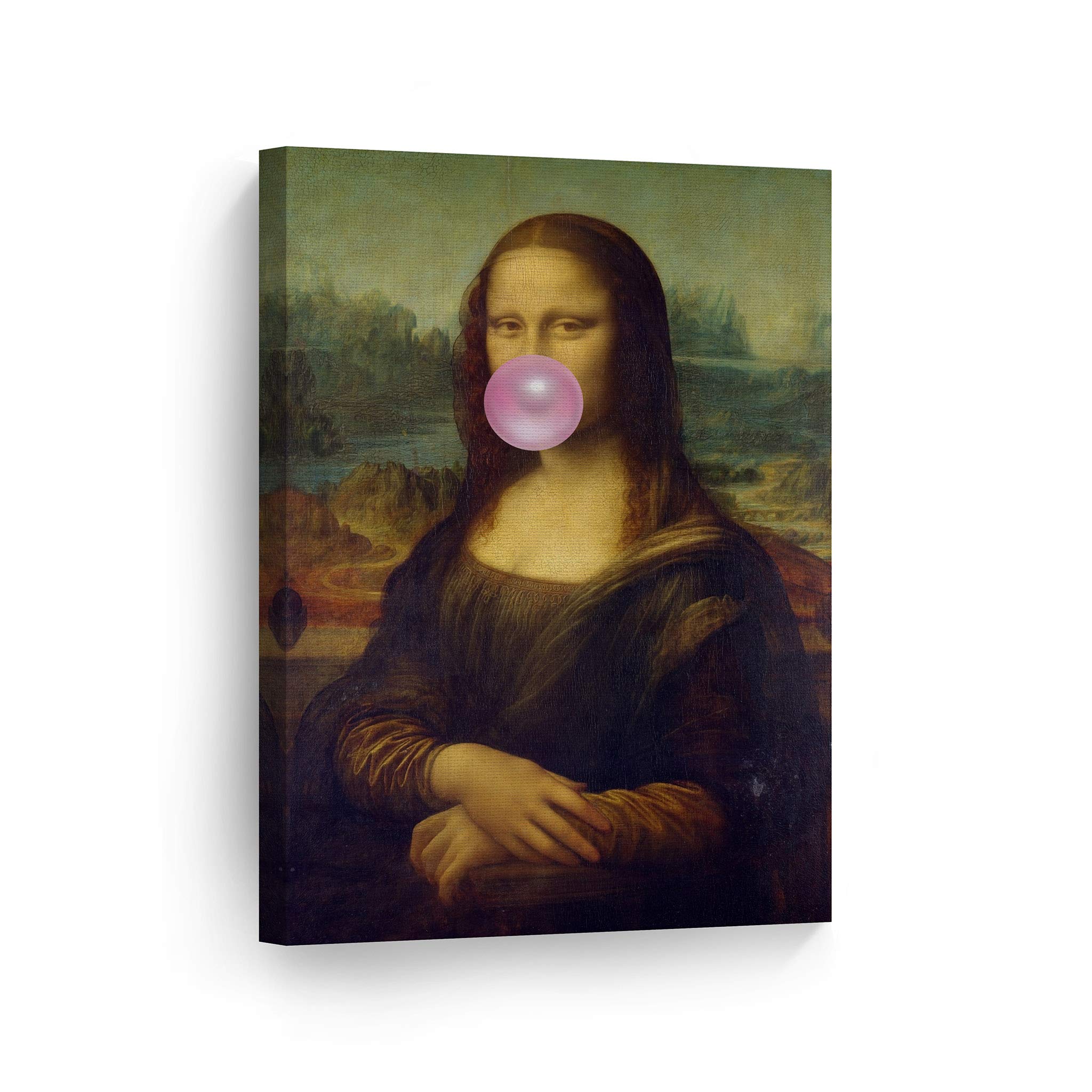 Smile Art Design Leonardo Da Vinci's Masterpiece Mona Lisa Pink Bubble Gum Art CANVAS PRINT Famous Paintings Wall Art Classic Art Home Decor Stretched Ready to Hang Made in the USA 22x15