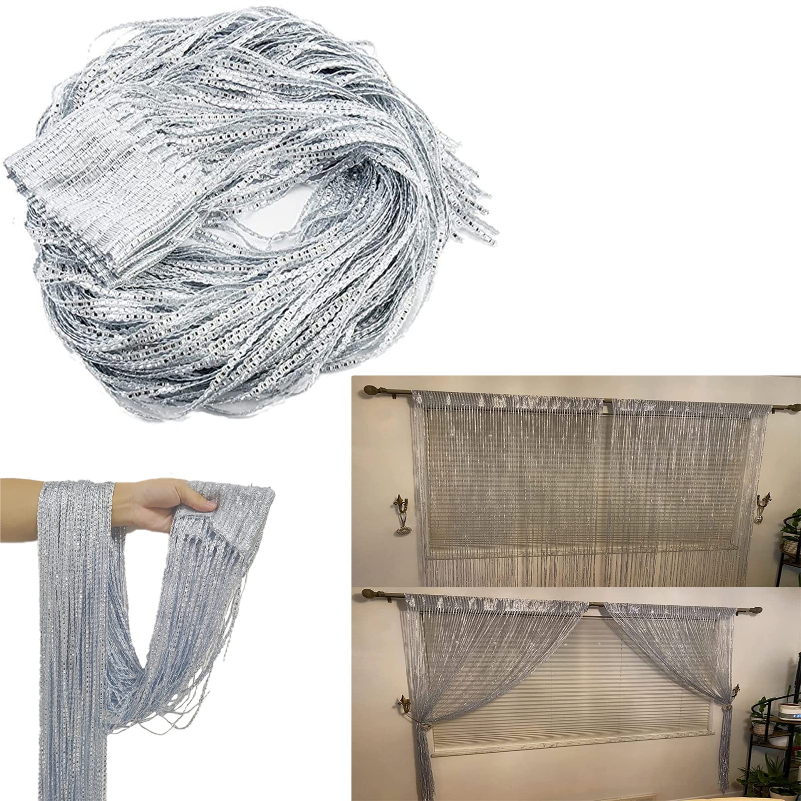 niceEshop Door String Curtain, Wall Panel Fringe Window Room Divider Blind, Home Patio Bedroom Decorative Tassel Screen Ribbon Strings Strip Silver Thread Screen for Wedding Coffee House (Silver)
