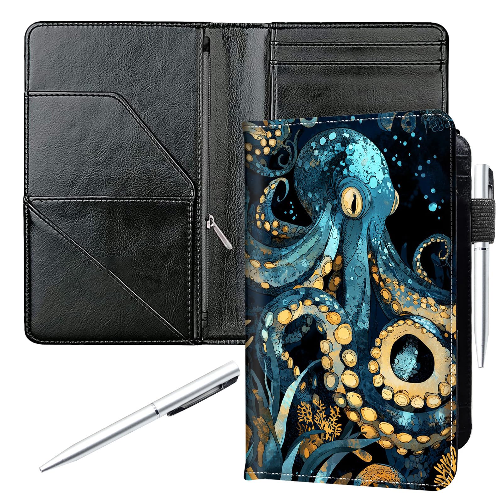 Server Book for Waitress,5.5x8 Inch - Waiter Book with Zipper Pocket,Pen Holder & Cash Compartments,Waterproof PU Leather Guest Check Organizer for Tips,Cards, Receipts,Blue Octopus