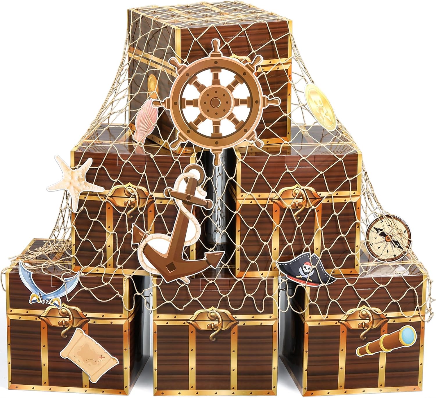 CHUNNIN Pirate Party Decorations Imitation Wooden Boxes Fishing Net Car Trunk or Treat Decor Ocean or Pirate Party Favors for Adventure Birthday Party Supplies Photo Booth Props