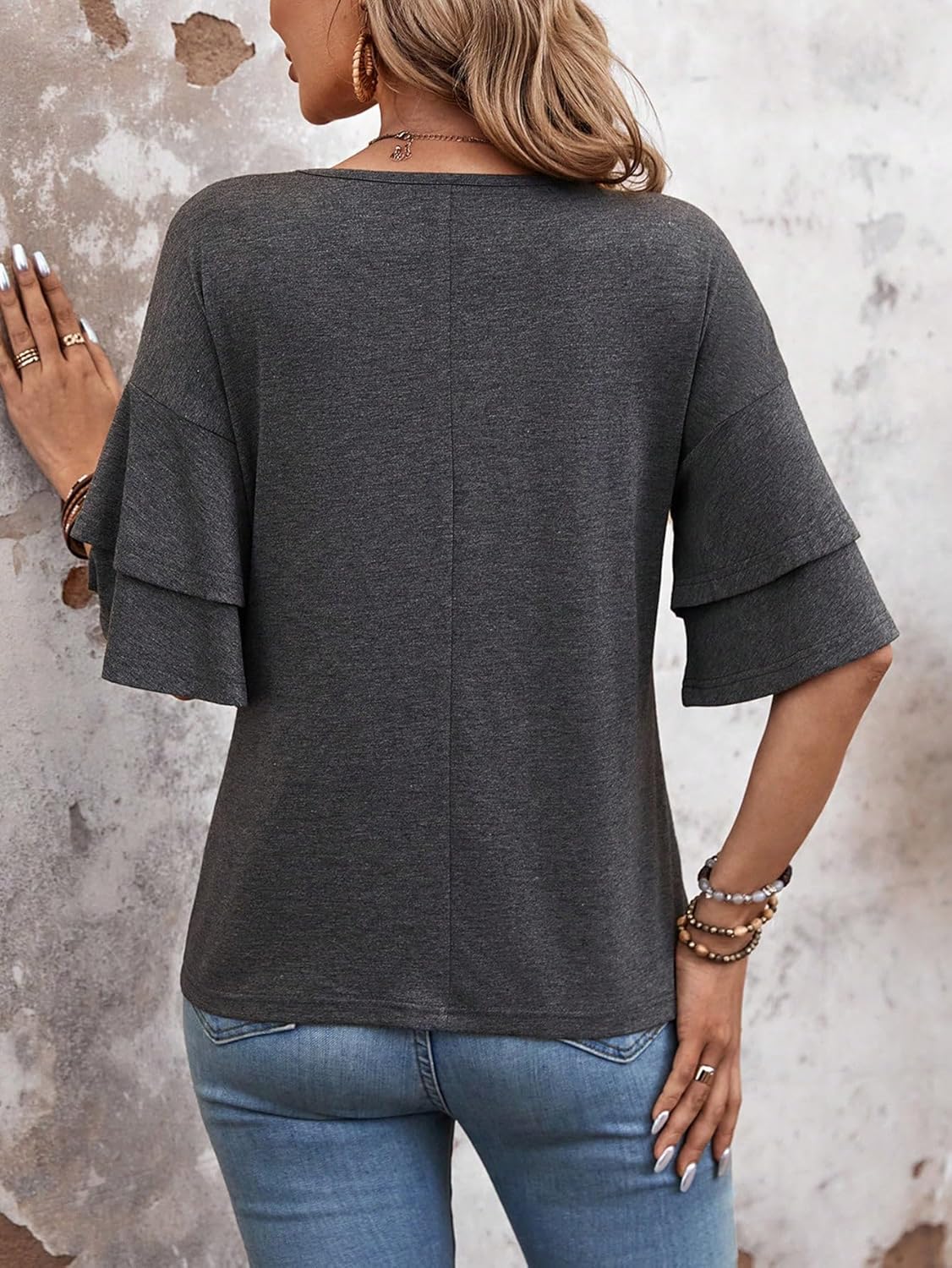 Womens Top Ruffle T Shirts Short Sleeve Blouses V Neck Tee Bell Sleeve Fall Spring Summer Fashion Clothes Cute Tunic - Image 2
