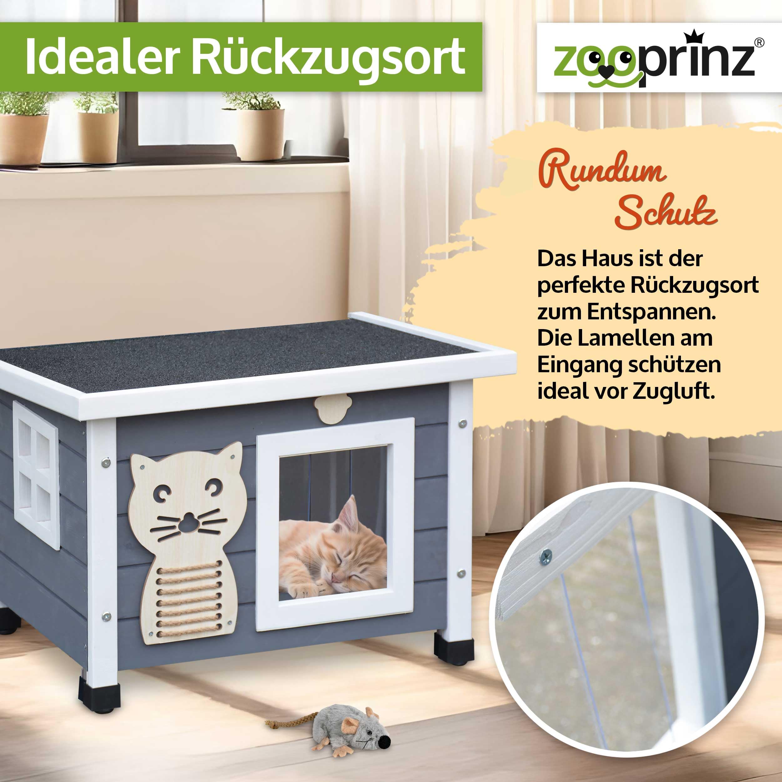 zooprinz Holz Katzenhaus – Katzenkiste mit Schwingtür, Grau-Weiß | Katzenbox mit Dach zum Öffnen, Fenster, Sisalband und Schwingtür – wetterfeste Hütte für Garten, Balkon, innen & draußen
