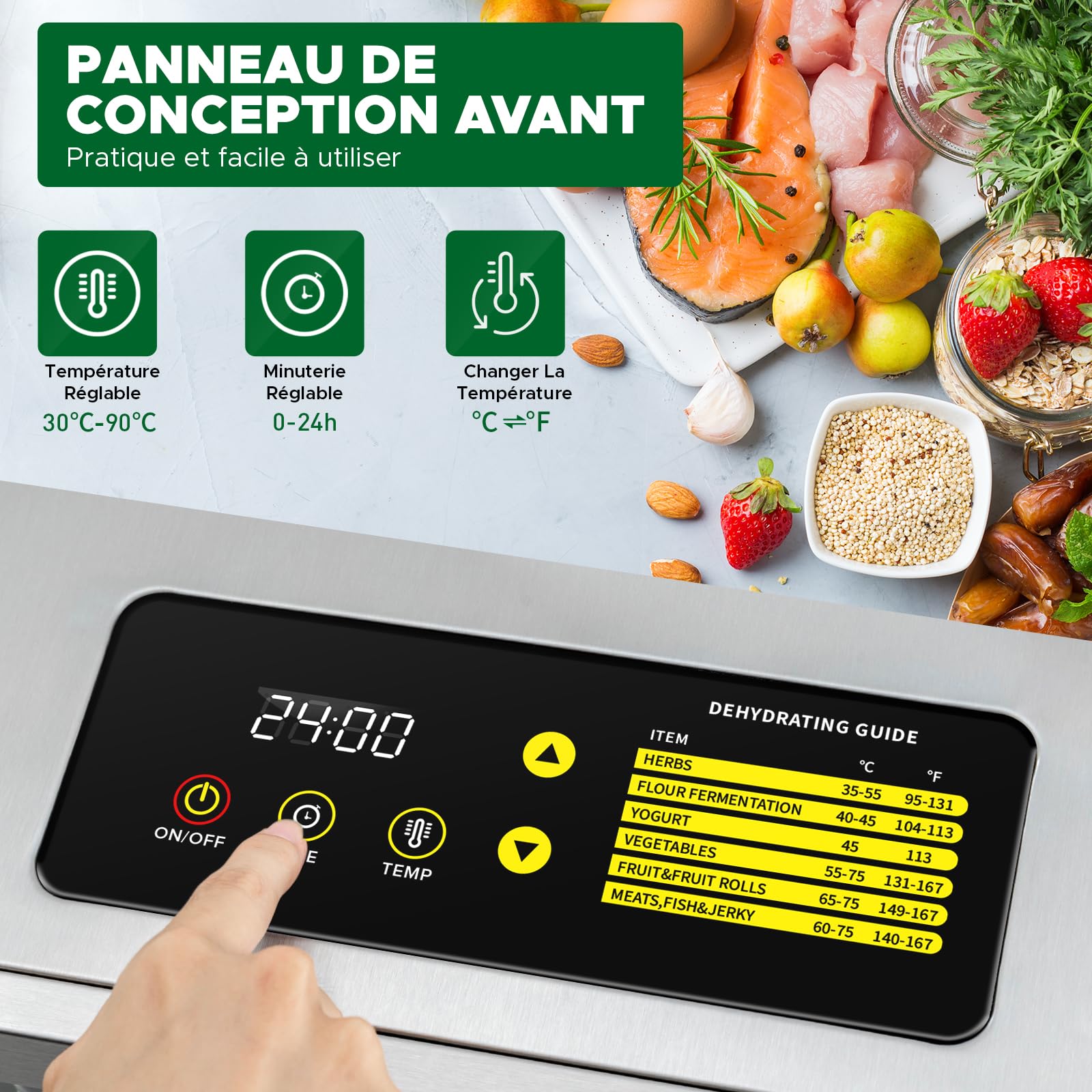 Kwasyo Deshydrateur Alimentaire avec 12 Plateaux Inox, Séchage efficace à 360 ° double ventilateur, Desydratateur Minuterie 24H et contrôle de température de 30 à 90 ℃, Protection contre la surchauffe