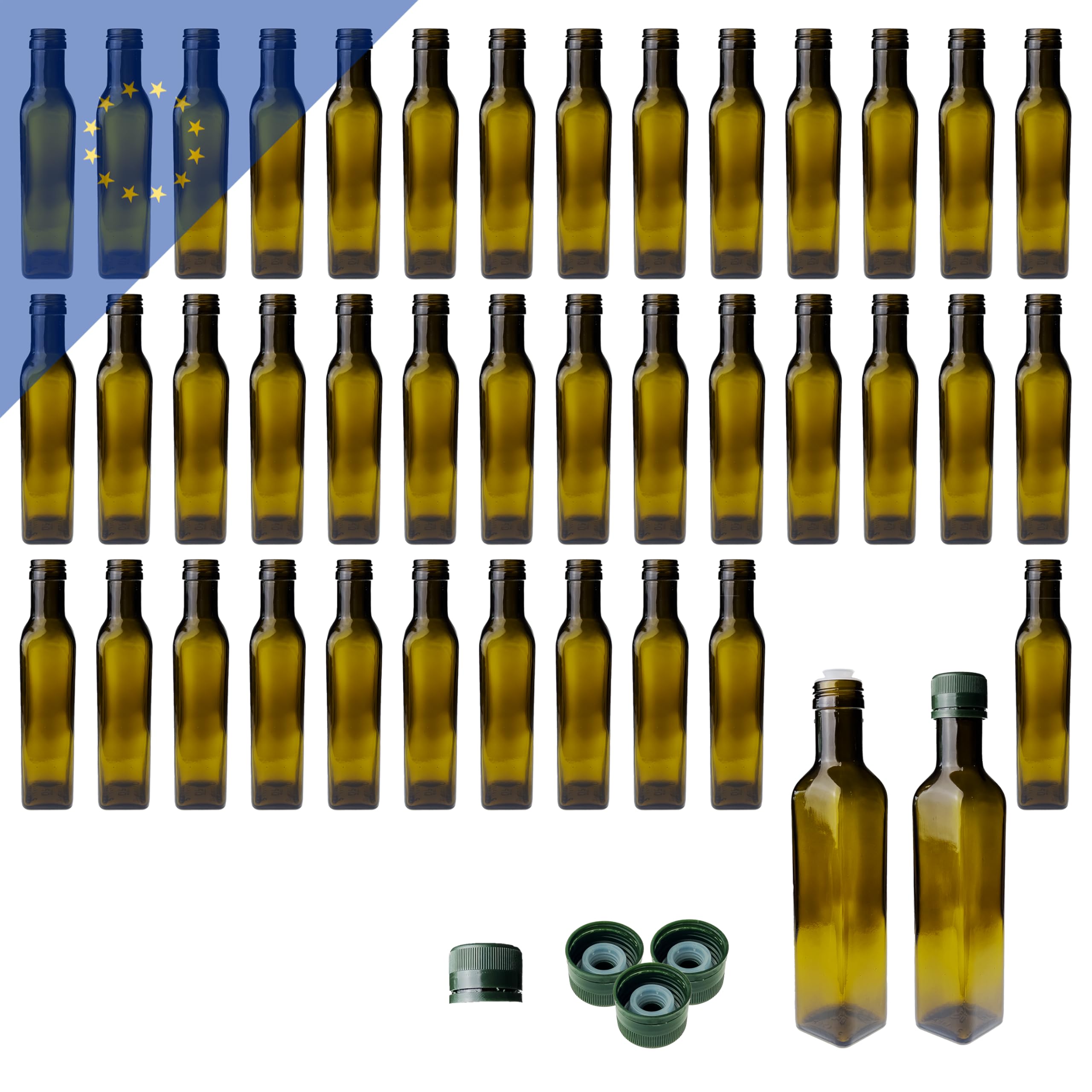 Botellas de cristal Maraska de 250 ml (40 unidades) con tapón de plástico verde PP31.5 con boquilla – Botella de aceite antigua – Diseño de alta calidad para aceite, vinagre – Reutilizable y
