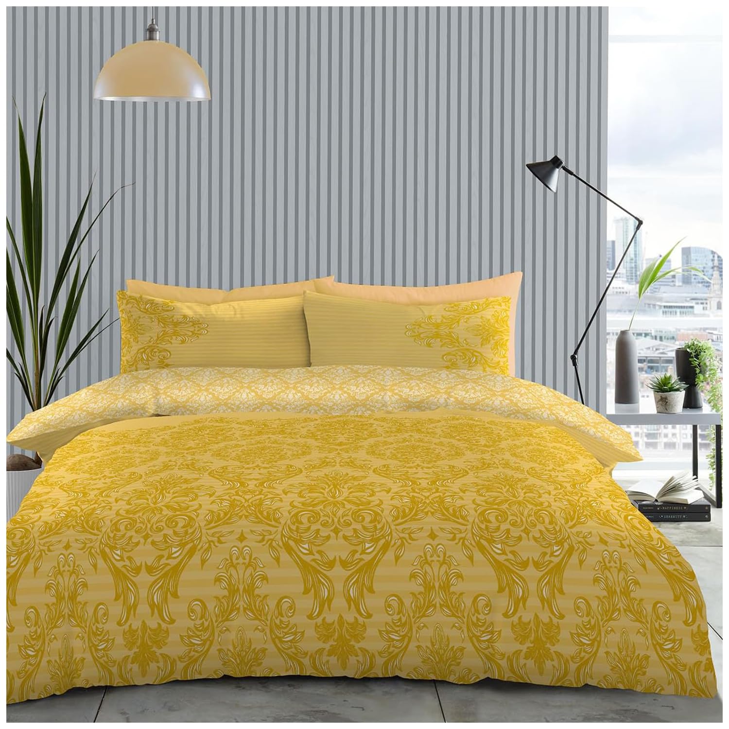 GC GAVENO CAVAILIA Damask Floral Super King Size Duvet Cover Sets With Matching Pillowcases, Botanical Ochre Bedding Sets, Reversible Striped Quilt Cover