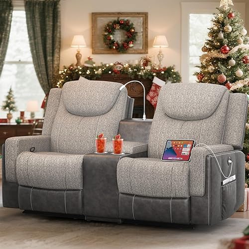 Miniatura 17 de Juego de sofá reclinable manual de dos plazas, sofá reclinable de 2 plazas con consola de almacenamiento y silla reclinable individual extragrande,