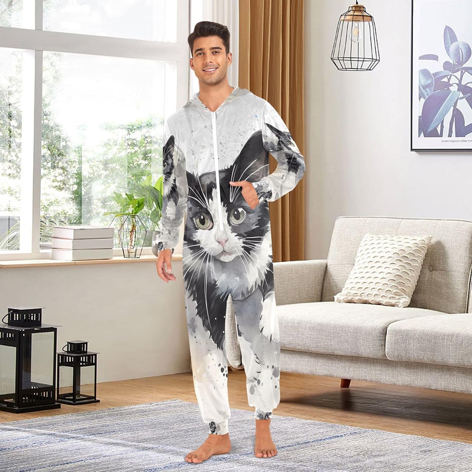 Cat Black Watercolor Unisex Adult Onesie Pajamas Comfy One Piece Costume Jumpsuits Novelty Sleepwear Homewear for Men Women