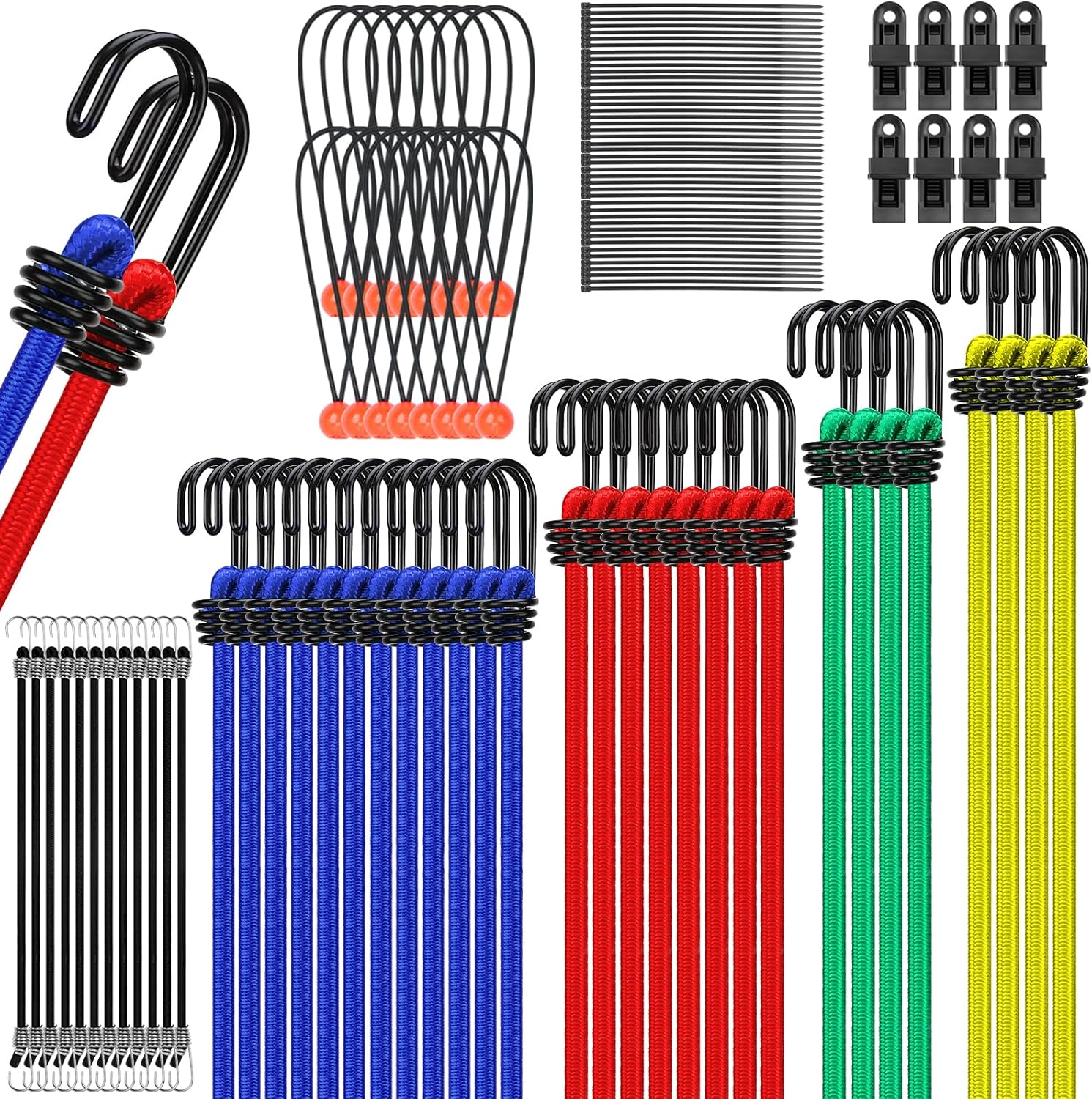 66-Piece Premium Bungee Cords Assortment Jar, Includes 10", 18", 24", 32", 40" Bungee Cord with Hooks, 6" Nylon Cable Ties, 8" Canopy Tarp Ball Ties and Tarp Clips