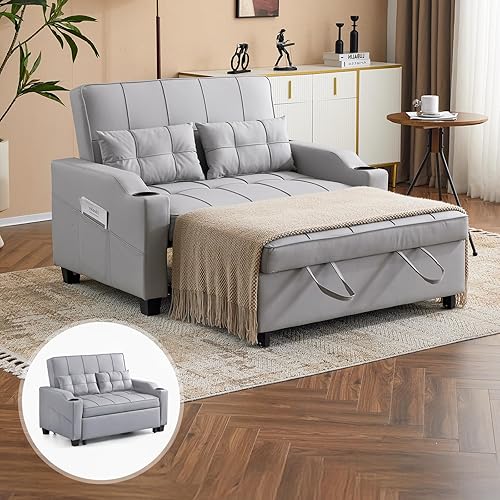 VINGLI Light Grey Futon Sofa Bed Convertible Loveseat Sleeper Couch, Faux Leather Pullout Sofa Fold Out Couch Bed with USB Ports, Cup Holders, Armrest for Living Room, Bedroom Apartment Room