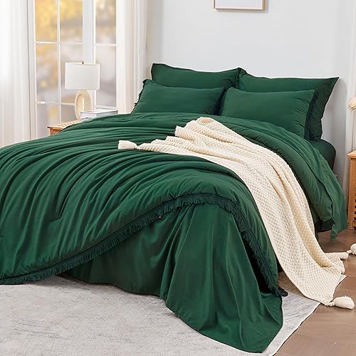 Litanika Juego de edredón tamaño King con sábanas verde esmeralda oscuro, 7 piezas, ropa de cama en una bolsa, juego de ropa de cama bohemio con