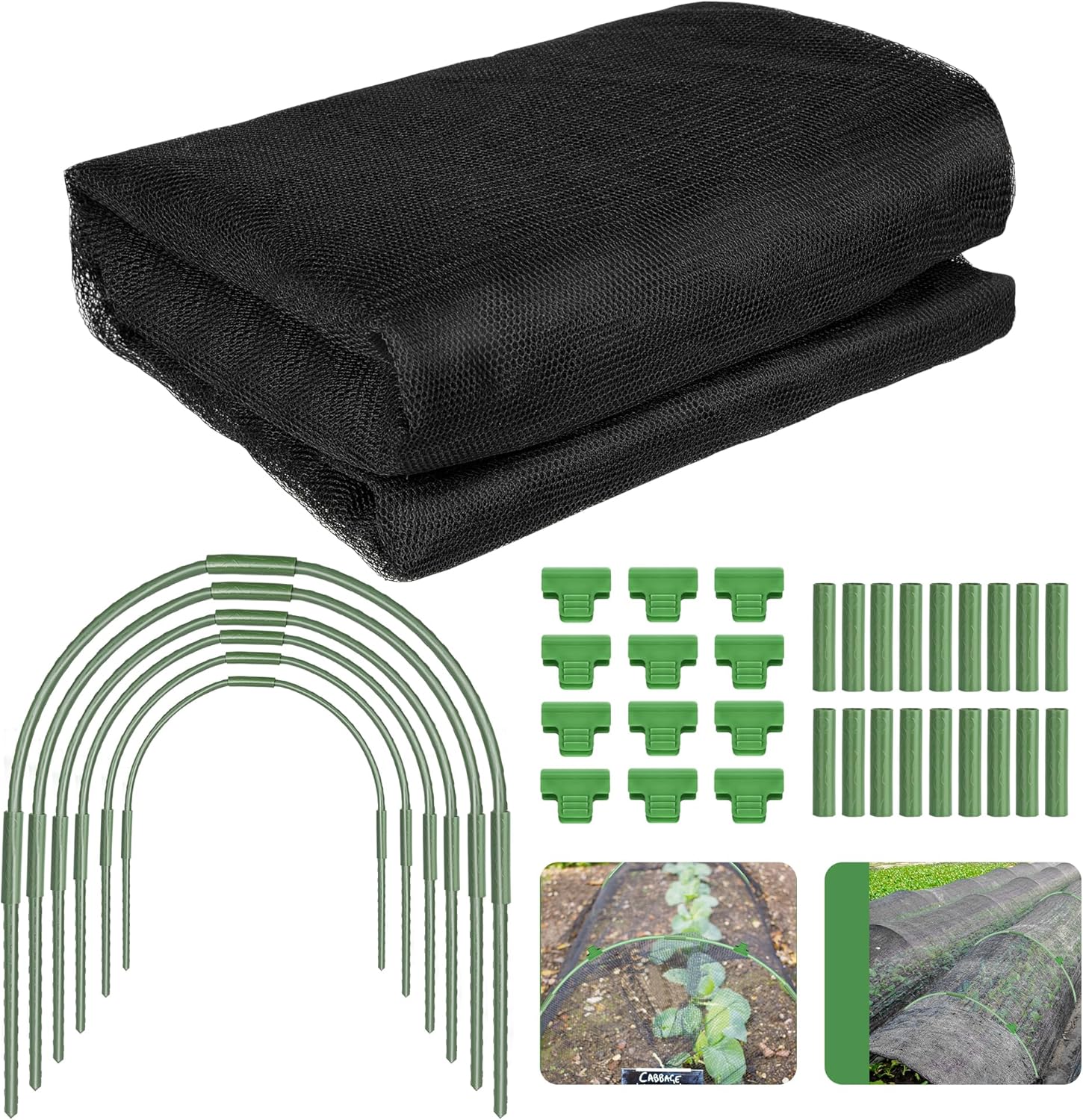 U0U Garden Mesh Netting Kit,7.8 x 24 Ft Plant Netting with Hoops,Bird Net for Garden with 6 Sets Garden Hoops & 18 Clips,Garden Net Bed Cover for Plants Birds Animals Protection (Black)