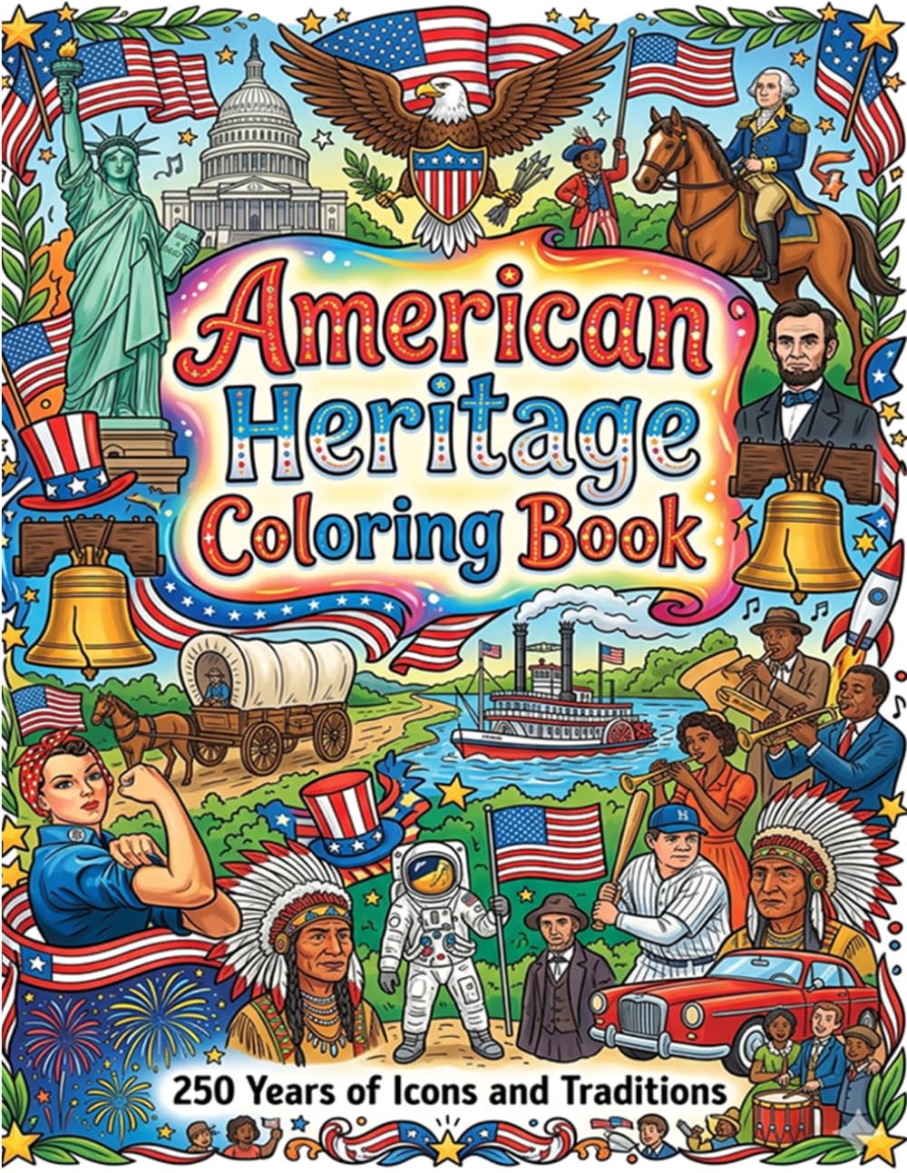 American Heritage Coloring Book: 250 Years of Icons and Traditions: A Patriotic Coloring Journey Through Historic Landmarks, Classic Americana, and Timeless Traditions