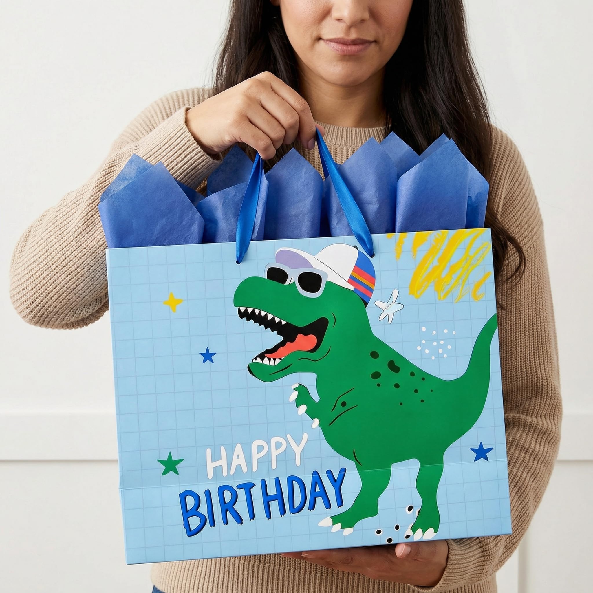 Joliloly 13" Happy Birthday Gift Bag, Dinosaur Print Sturdy Thick Paper Bag for Kids, Reusable Birthday Present Bag with Tissue Paper and Card for Boys Girls, Party Gift Wrapping Supplies