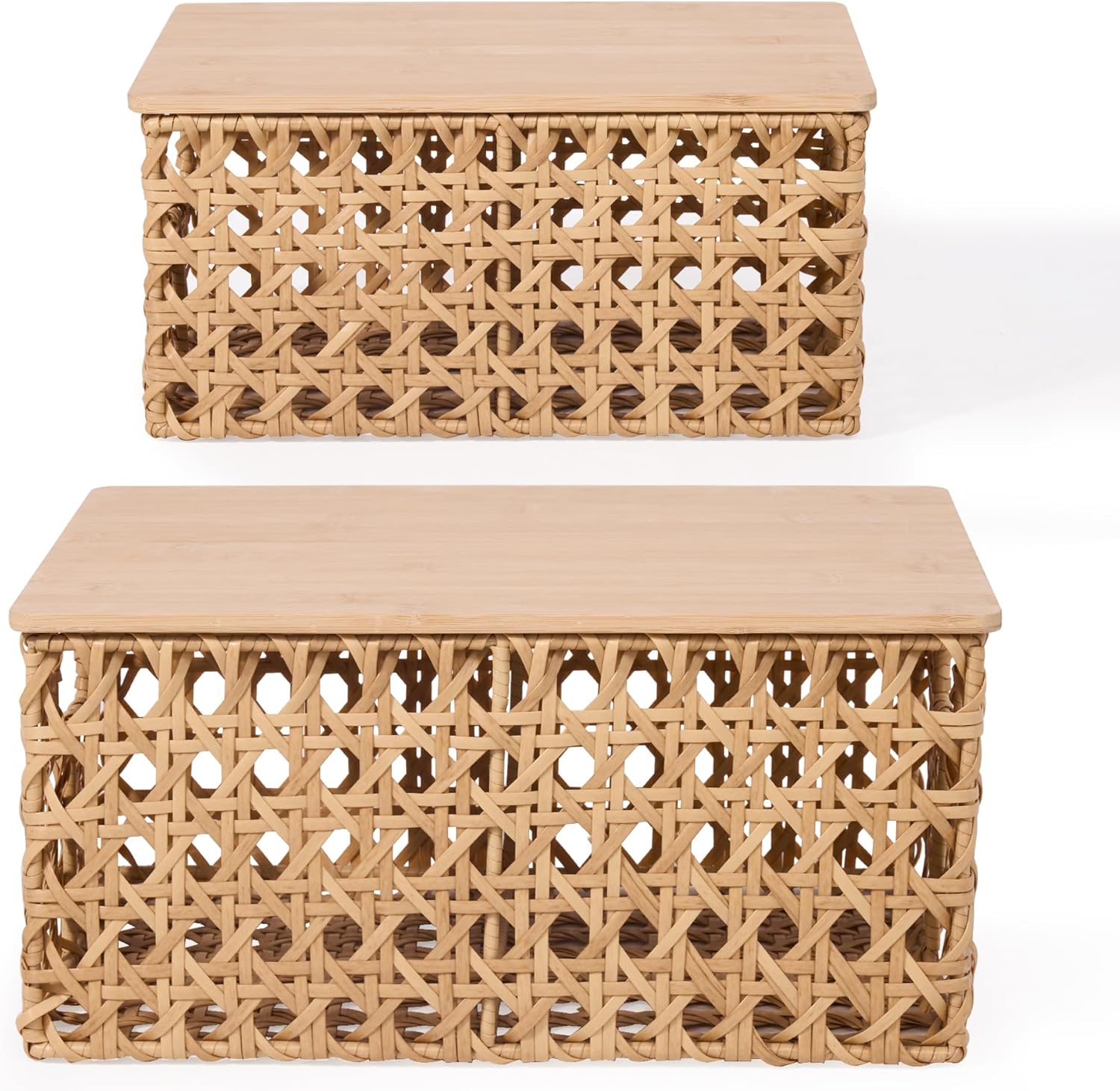DD DEFINED DECO Large Wicker Storage Baskets with Lids,Set of 2 Rectangular Wicker Storage Decoration,Woven Organizers,Natural Woven Cane Bins for Home Decor(13.87x 9.84Inch)