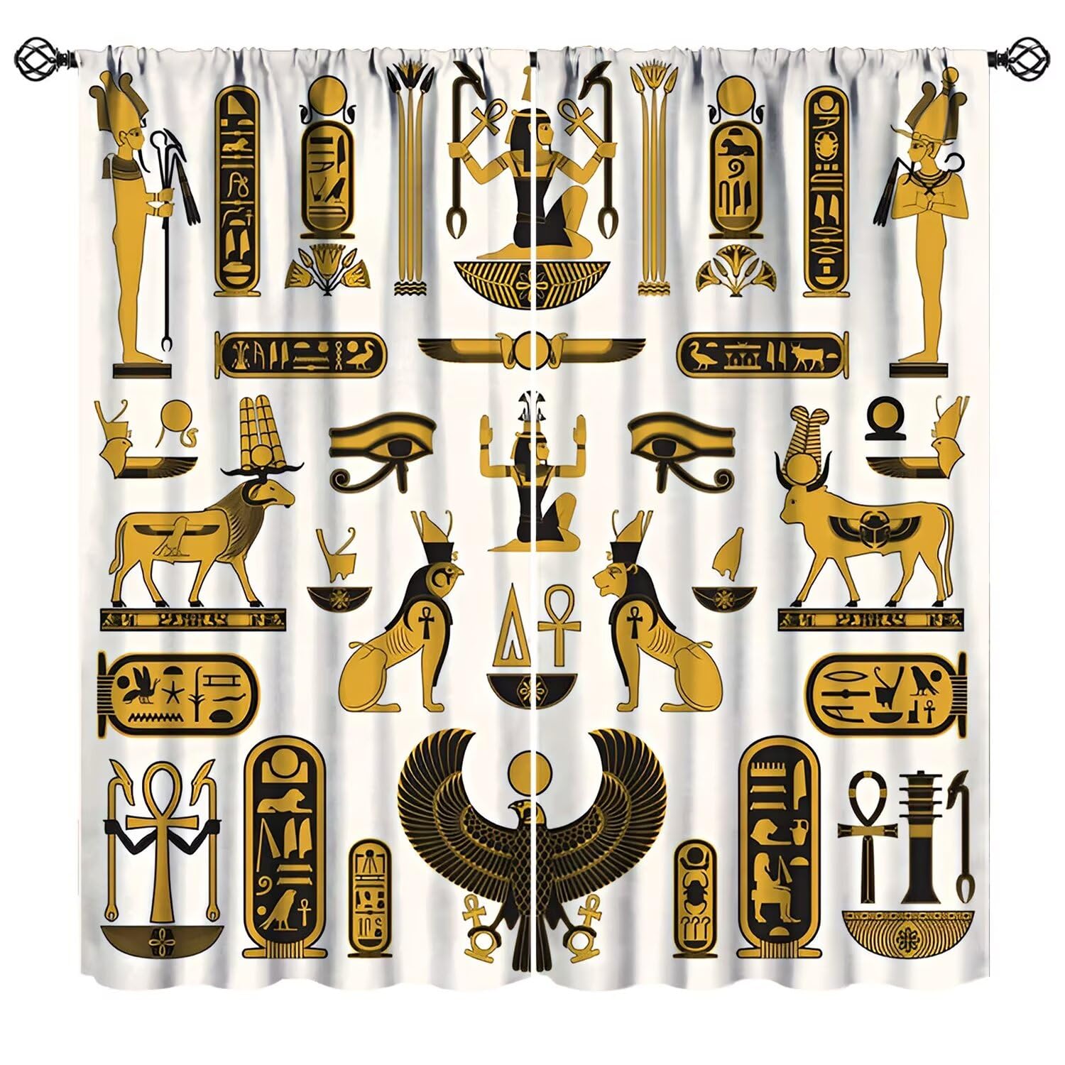 Mchenxin Golden Egyptian Curtains, Ancient Egyptian Boho Tribal Black Gold Hieroglyph Symbols Print Window Treatments for Bedroom Living Room, 42x45in