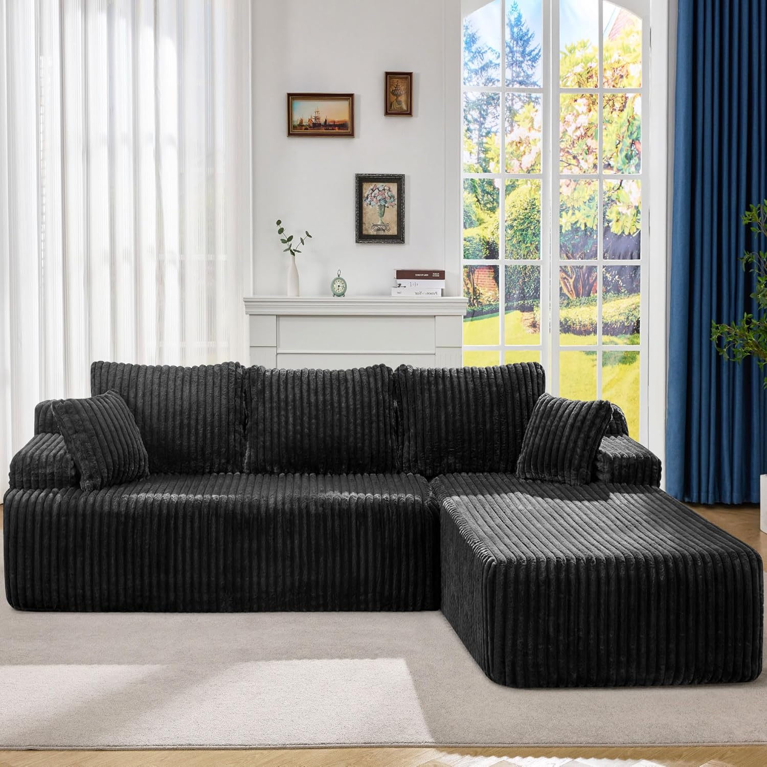 Modular Sectional Sofa Couches L-Shape Couch 3 Seat Modular Sofa Memory Foam Sectional Couches for Living Room, Cloud Couch with Oversized Chaise (Black Stripe, 108" Right Facing Chaise)